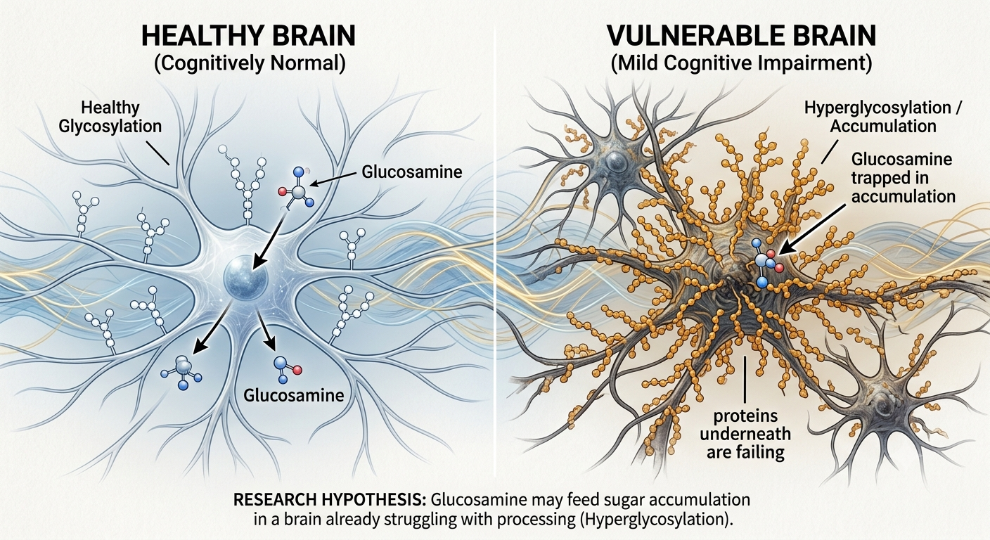 Diagram comparing healthy brain with normal glycosylation to vulnerable brain with hyperglycosylation accumulation and glucosamine trapped in damaged proteins.