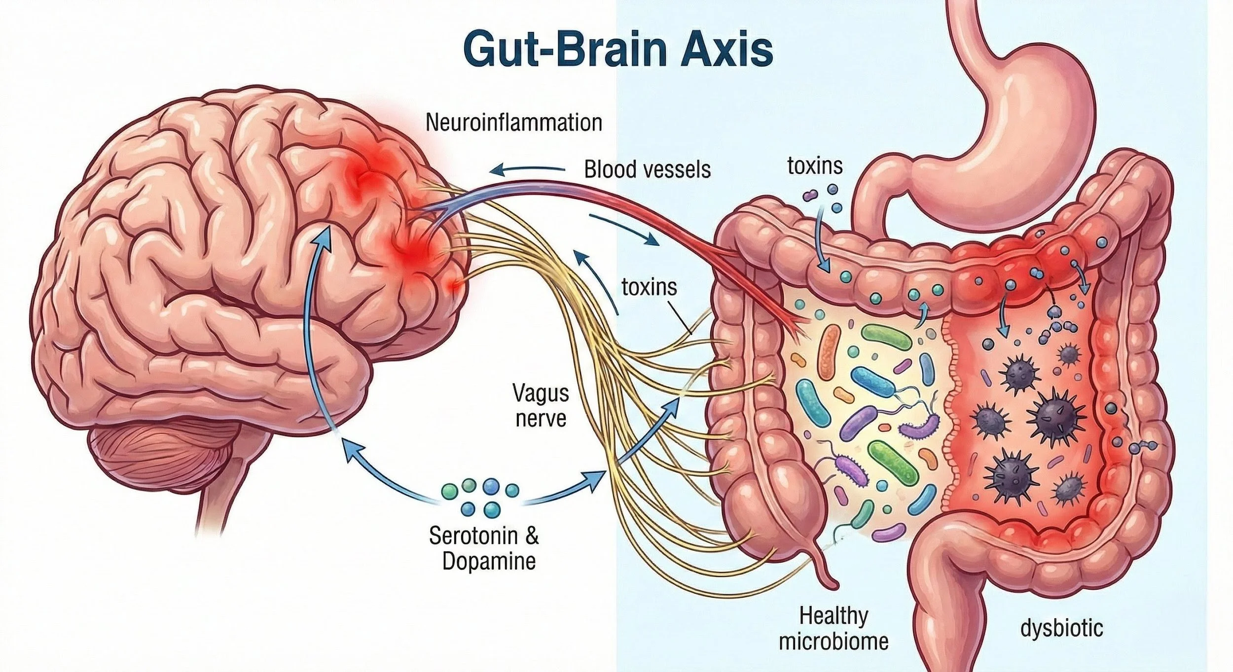 An illustration of the Gut-Brain Axis showing the Vagus nerve, blood vessels, and the difference between a healthy microbiome and a dysbiotic gut leaking toxins.