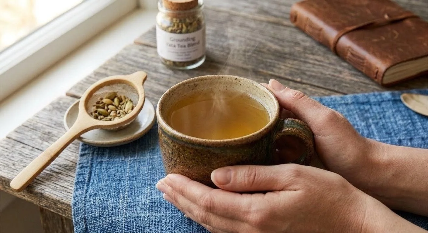 Hands holding a warm mug of grounding Vata tea with a wooden spoon of cardamom pods, a jar labeled Grounding Vata Tea Blend in the background.