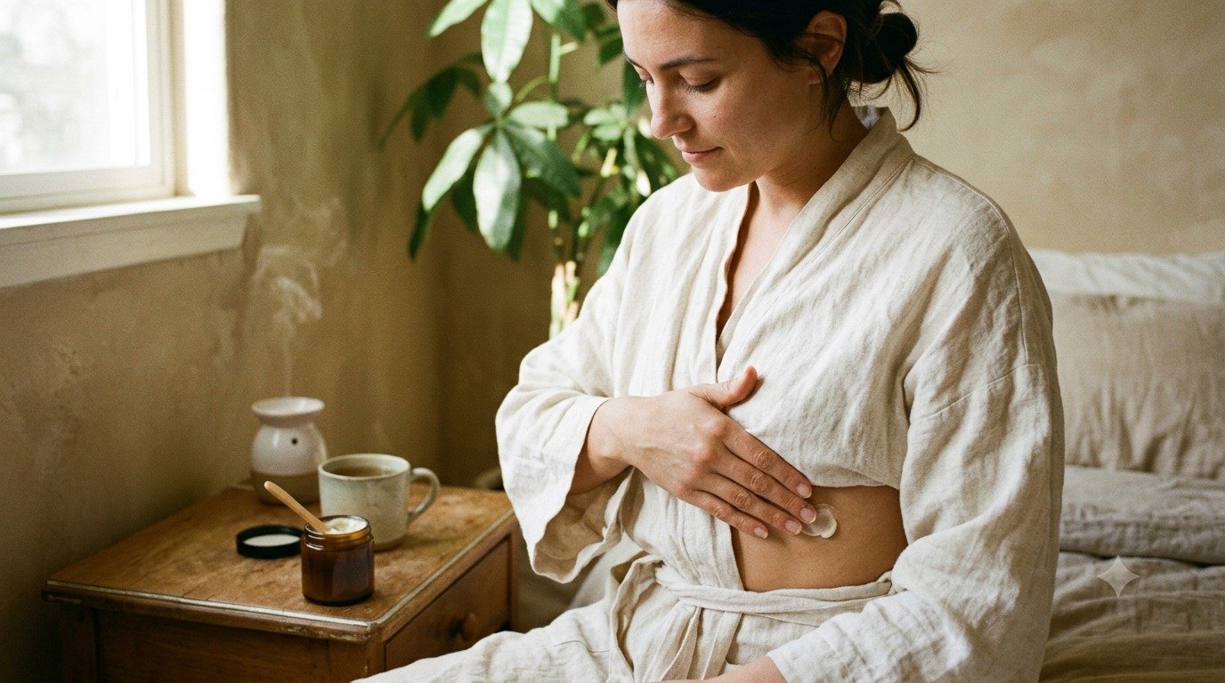 Woman in a linen robe smoothing herbal cream over her liver area, with a jar of cream and a warm mug on a bedside table