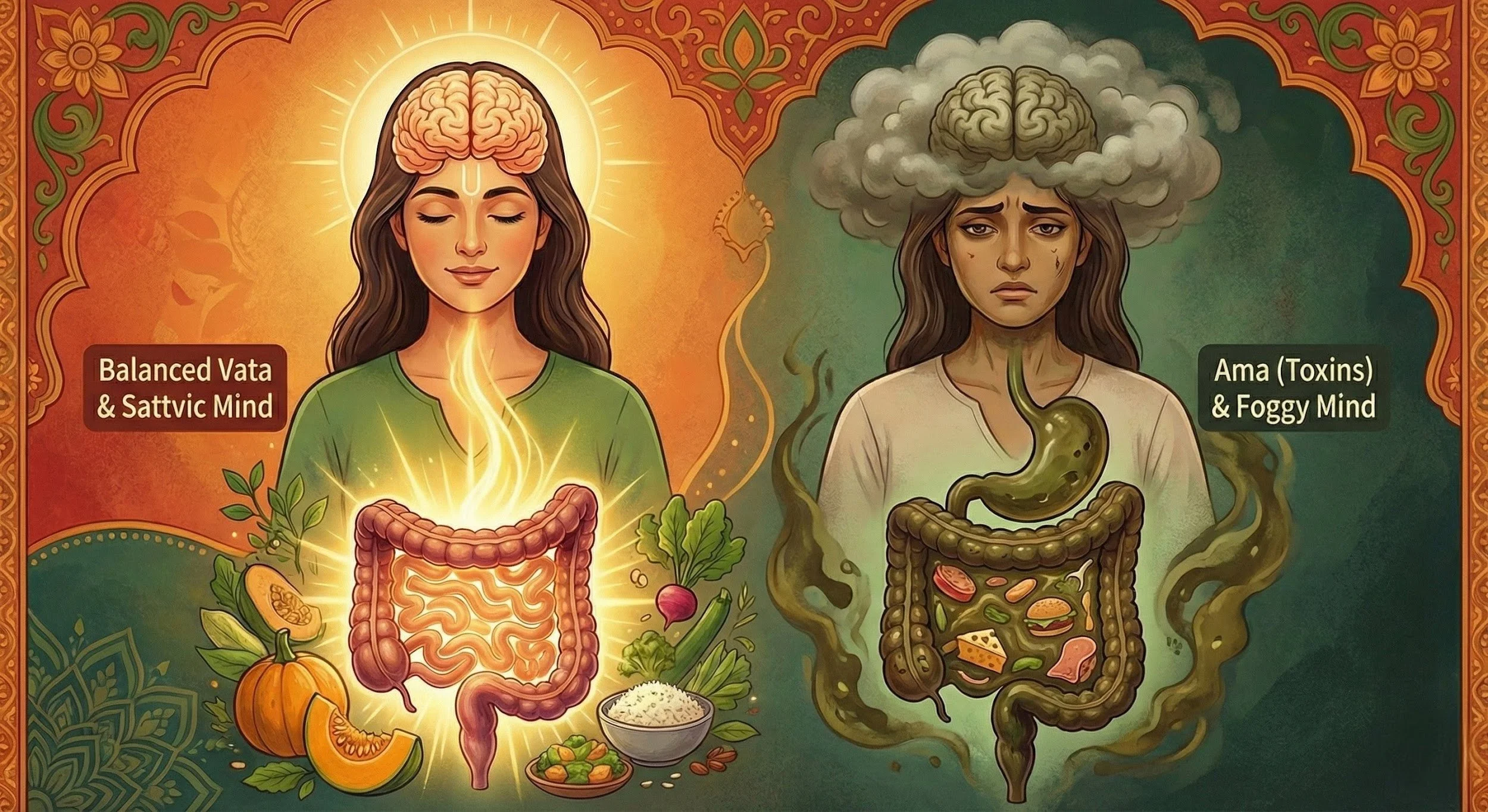 A split-screen comparison of a balanced Sattvic mind with healthy digestion versus a foggy mind affected by Ama (toxins) and poor gut health.
