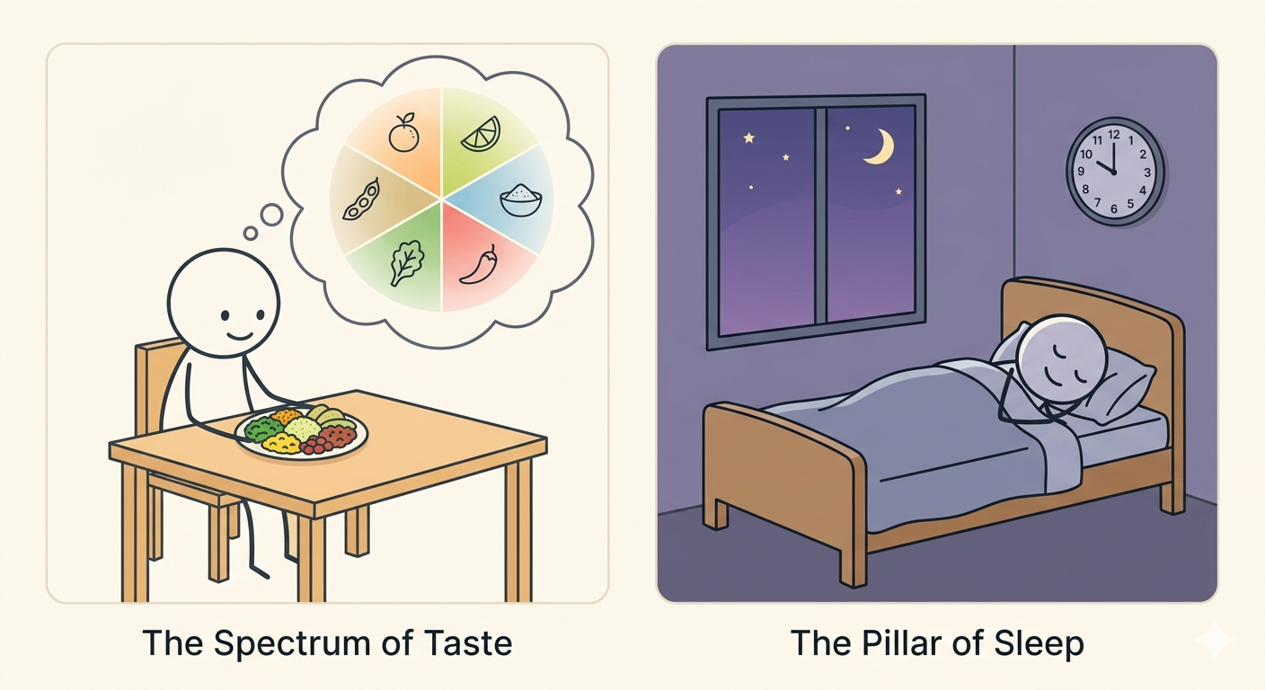 Illustrated guide to Week 3 Dinacharya practices — honoring all six Ayurvedic tastes and protecting Nidra sleep as a pillar of life