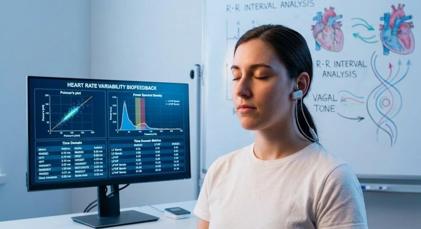 Woman with eyes closed wearing a heart rate variability biofeedback sensor, with breathing data displayed on a monitor beside her
