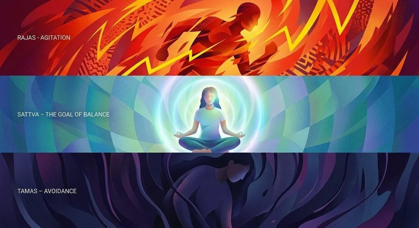 An illustrative comparison of Rajas (agitation), Sattva (balance), and Tamas (avoidance) as internal states during conflict.