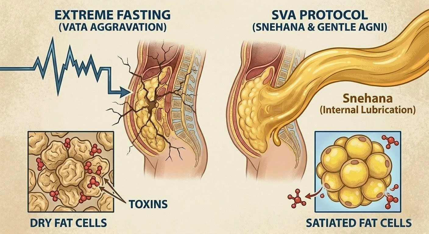 Biological diagram comparing extreme fasting, which creates dry fat cells via Vata aggravation, to the SVA protocol using internal lubrication.