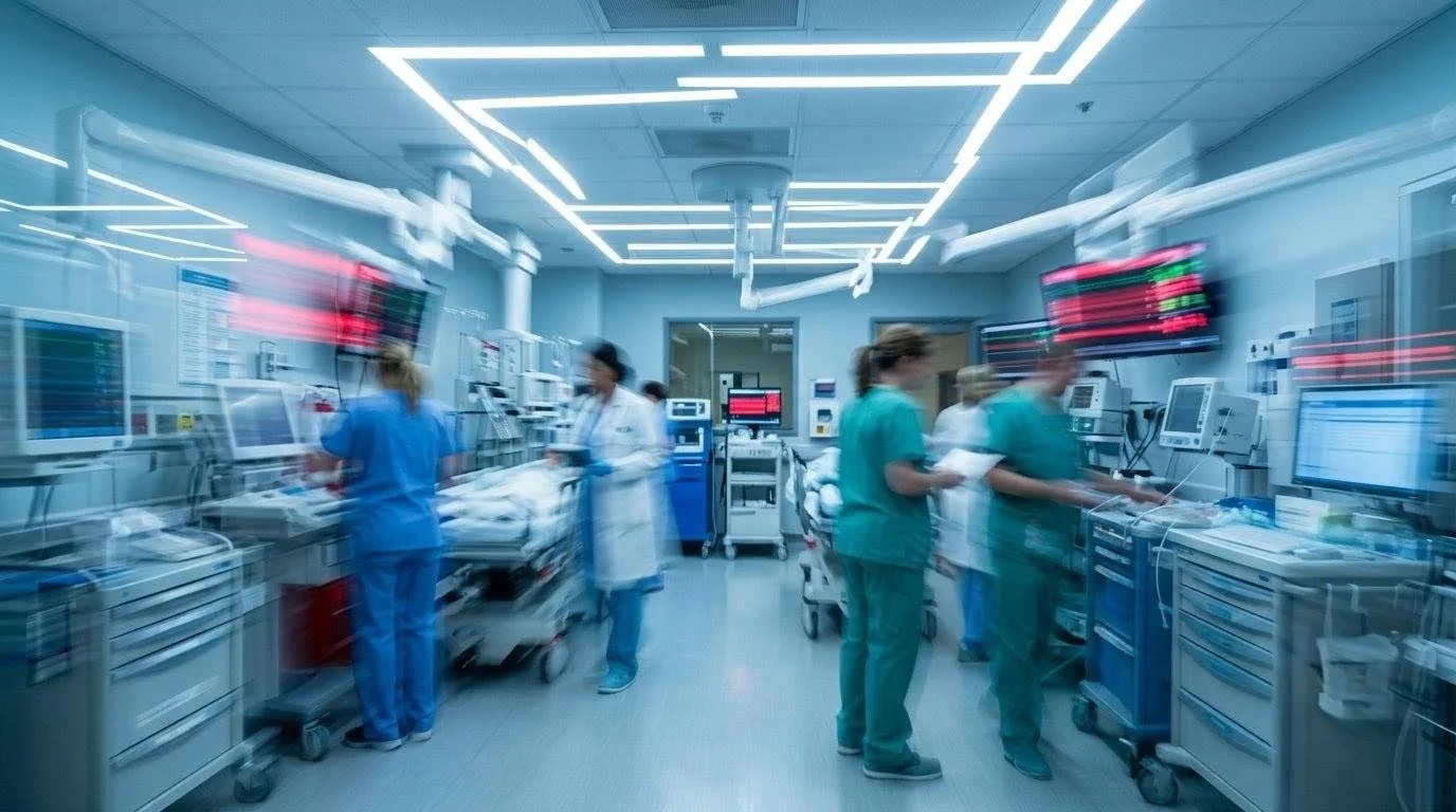 Motion-blurred healthcare staff moving through bright ICU with fluorescent lights and beeping alarms, depicting the sensory overstimulation and auditory chaos of clinical environments.