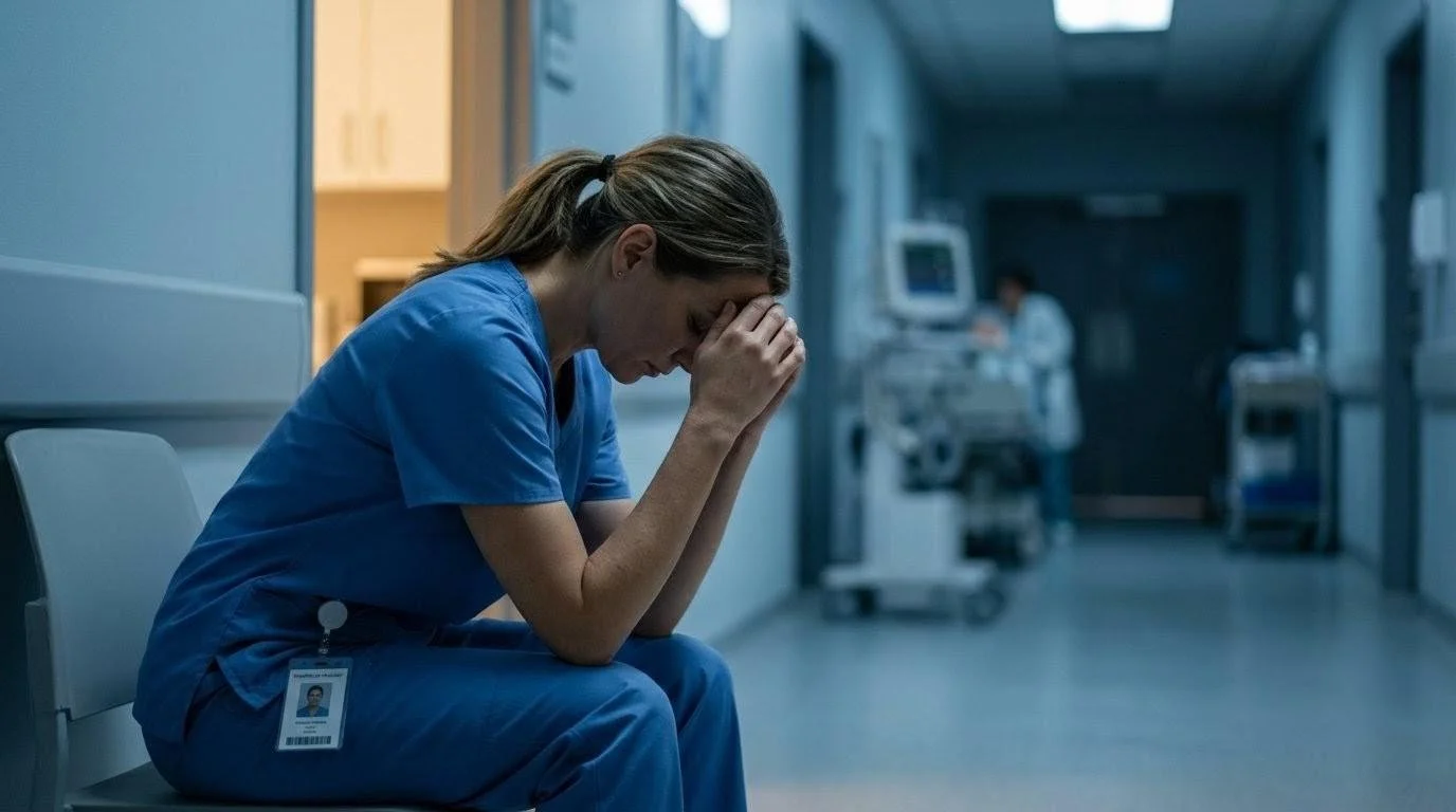 Fatigued nurse in scrubs sitting in clinical hallway with head in hand, embodying exhaustion and the human cost of systemic burnout.