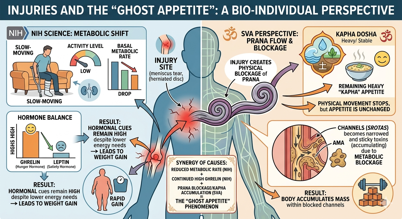 Infographic on injury and ghost appetite. Shows how physical injury blocks prana and slows metabolism while hunger hormones remain high, causing weight gain.
