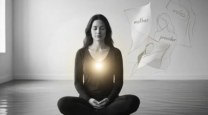 A woman sitting in deep meditation with "roles" like mother and provider peeling away as ethereal layers, revealing a luminous spark at her center representing the unchanging "I AM".