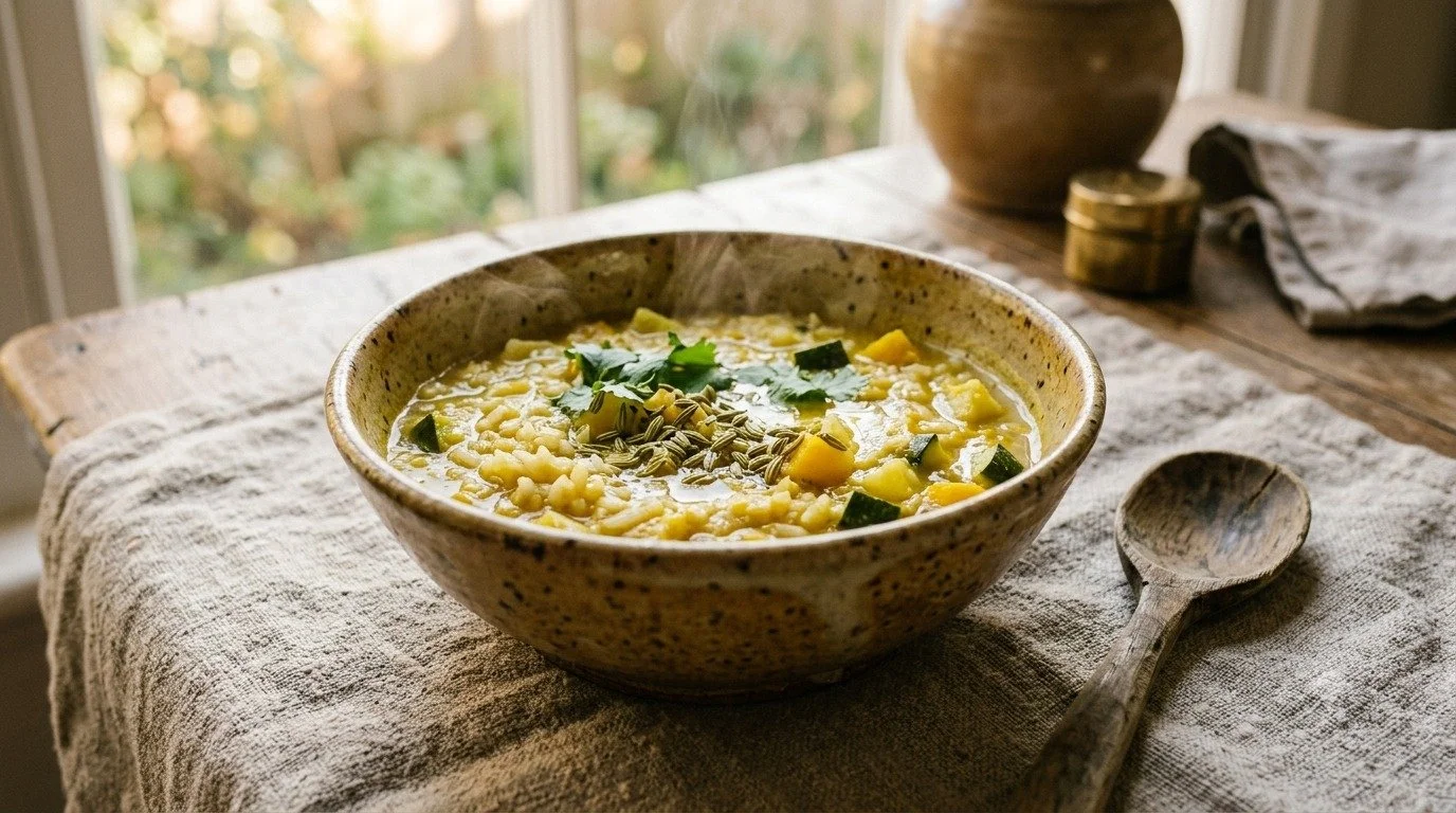 Steaming bowl of basmati rice and mung dal soup with zucchini, squash and fennel seed on a linen cloth