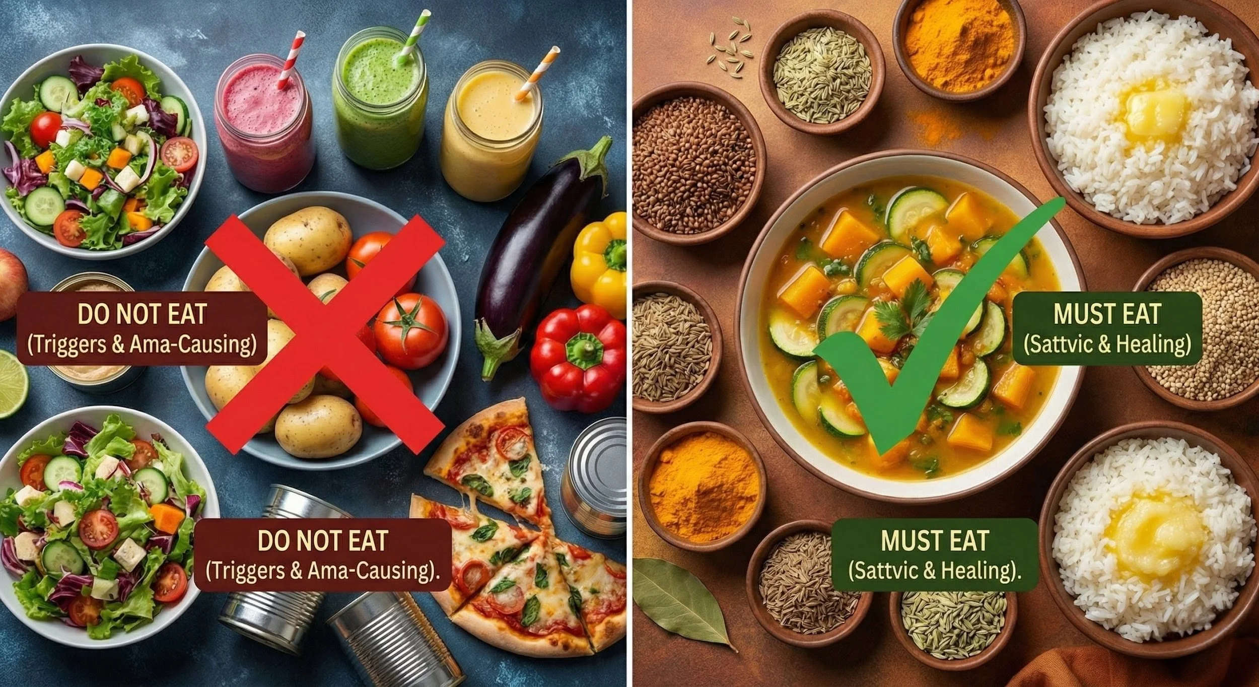 A dietary guide showing a red "X" over Ama-causing foods like pizza and nightshades, and a green checkmark over Sattvic healing foods like cooked grains and squash.