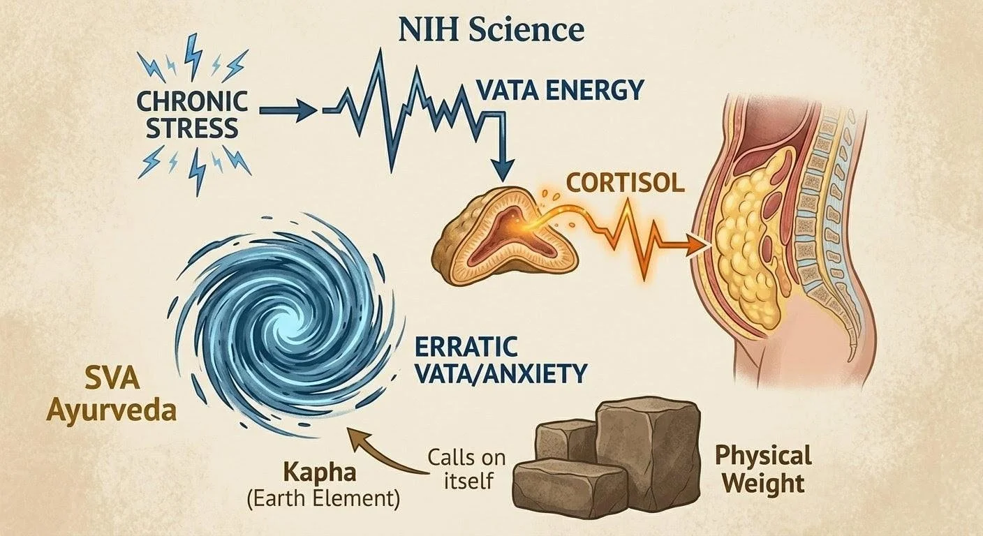 Diagram mapping chronic stress. Shows how erratic Vata anxiety triggers elevated cortisol, which accelerates visceral fat accumulation around the midsection.
