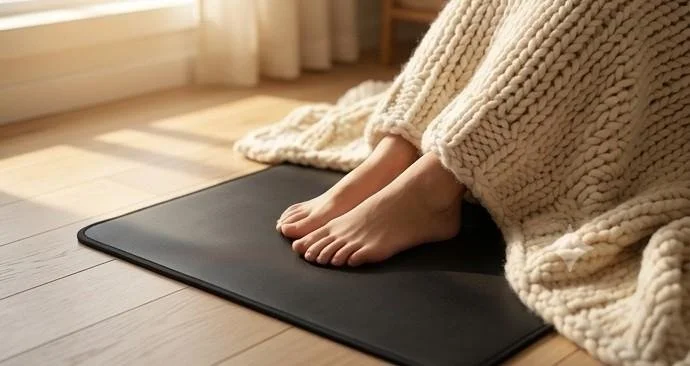 Bare feet resting on a black grounding mat on a sunlit wood floor, wrapped in a cream knit blanket
