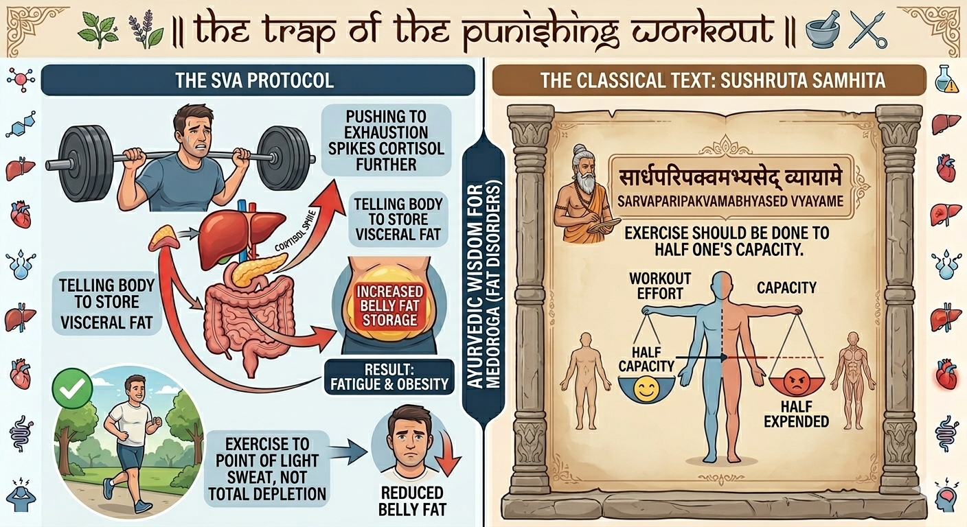Infographic on punishing workouts. Shows how pushing to exhaustion spikes cortisol, contrasted with Ayurvedic advice to exercise to half capacity.