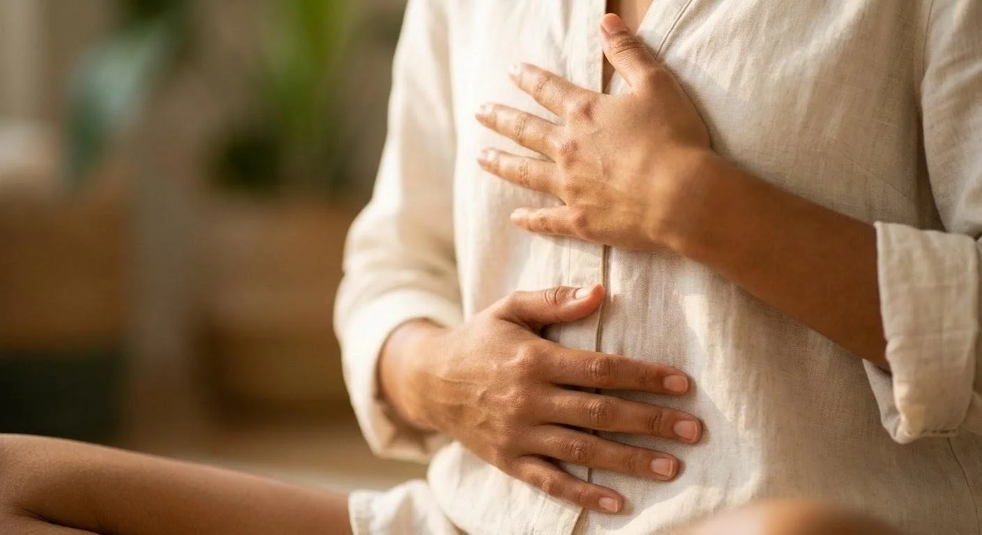 Close-up of two hands resting on the belly during a three-part breath practice