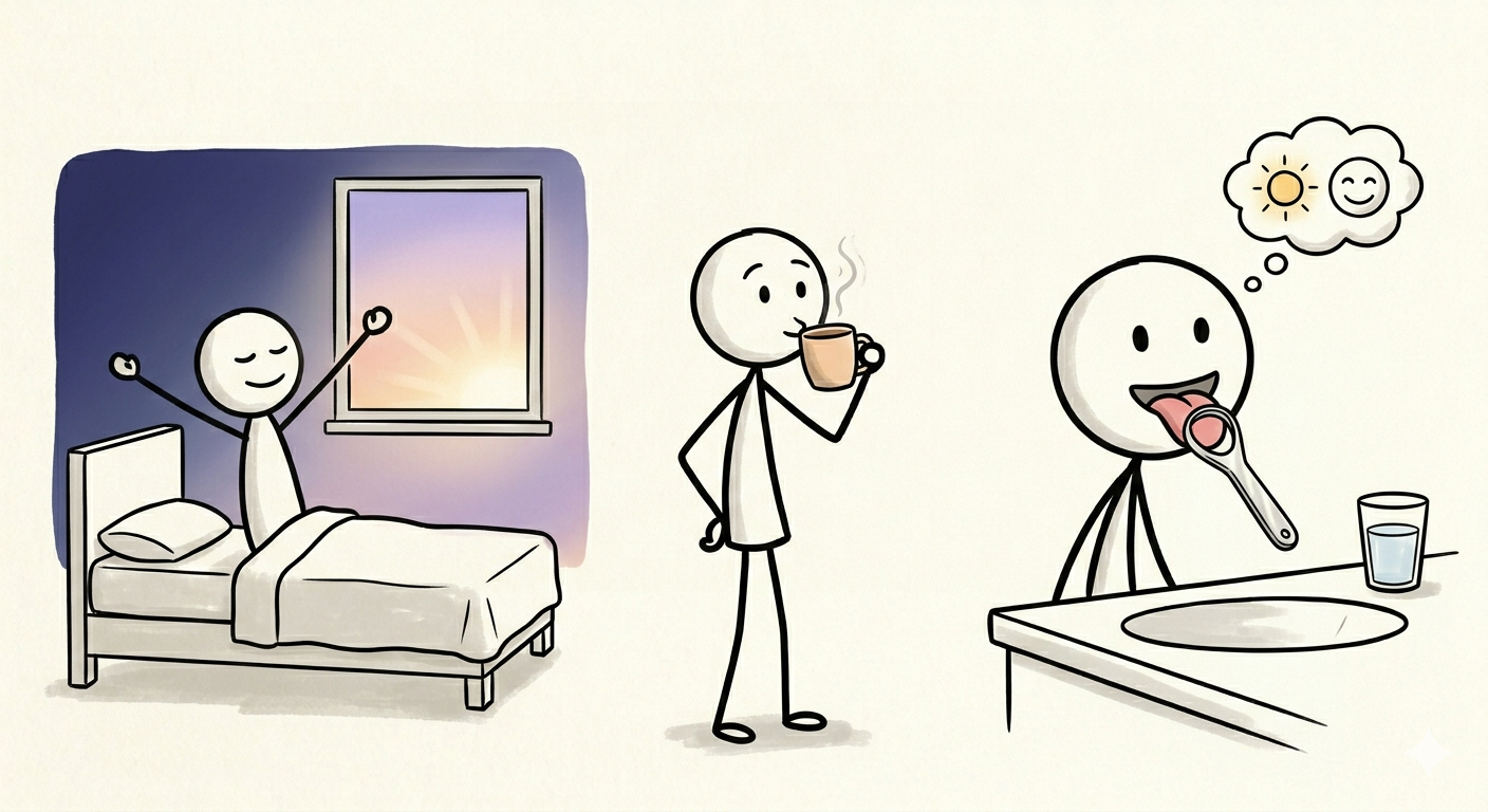 Illustrated summary of Week 1 Dinacharya — rising with the light, drinking warm water, and tongue scraping to clear Ama