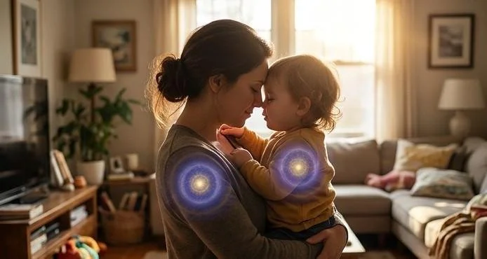 A mother embracing her child with glowing, circular light symbols over their hearts, representing the recognition of the Atman (soul) and shared consciousness between them.