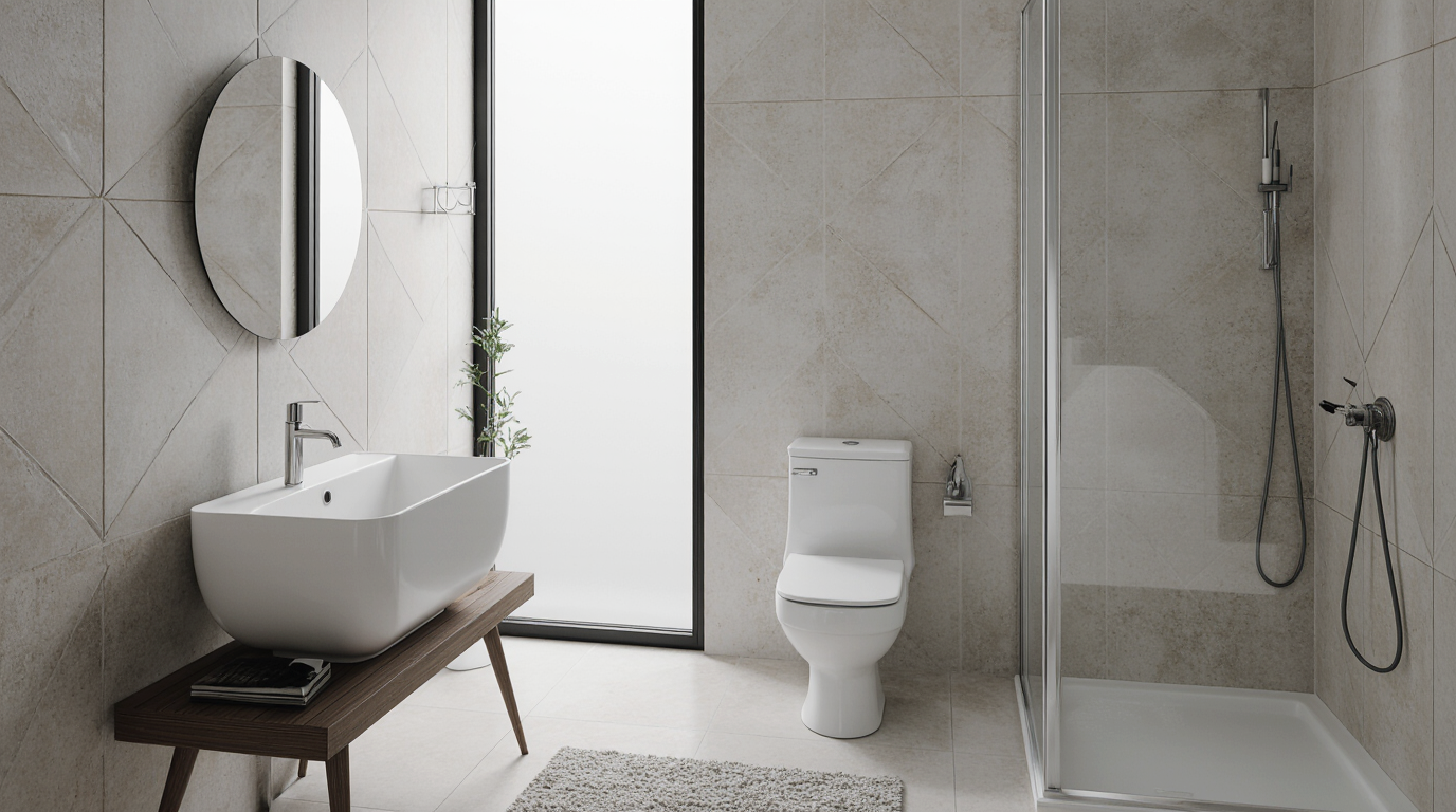 Baño pequeño con pared de mármol, espejo, lavabo con mueble de madera, estantería con plantas y decoraciones, inodoro con papel, puerta de madera y luz en el techo.