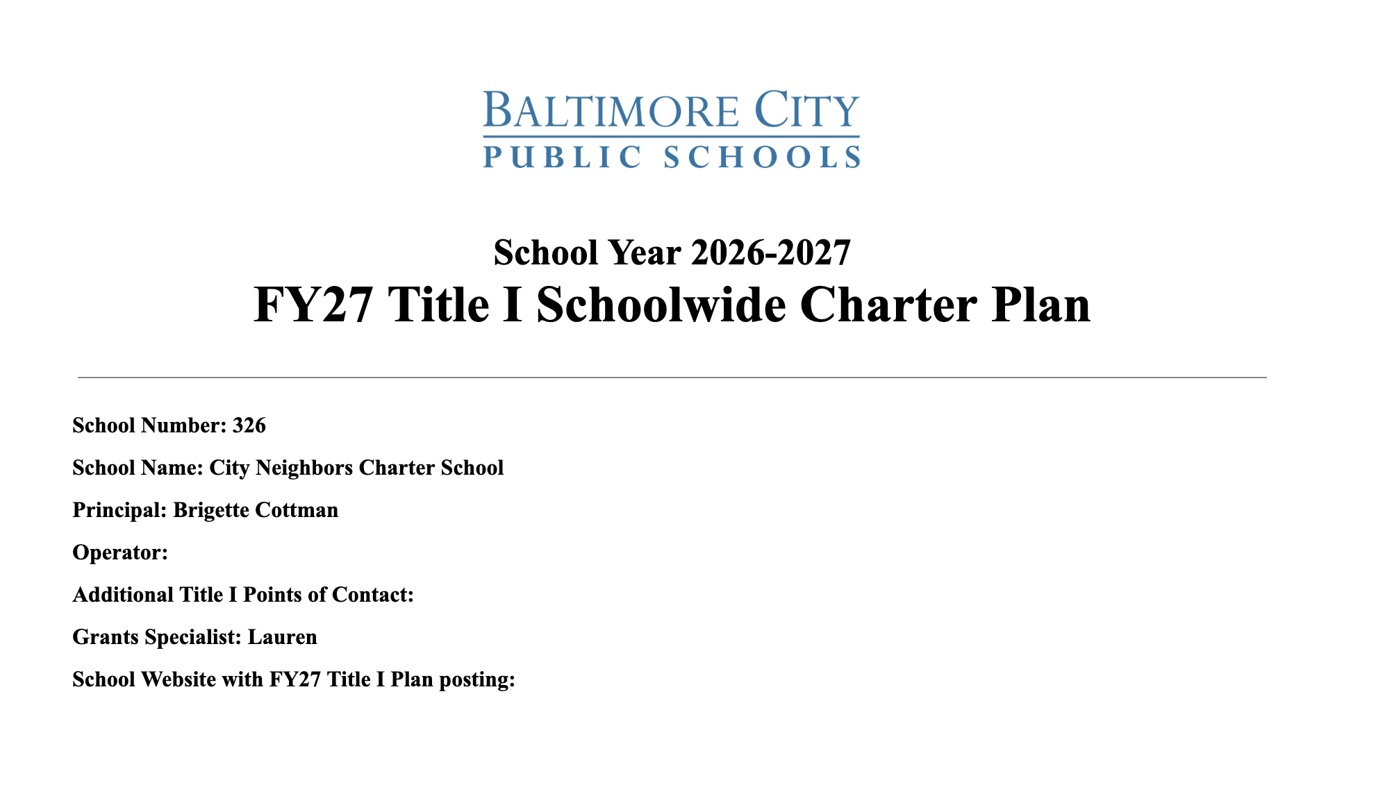 FY27 Title i charter plan