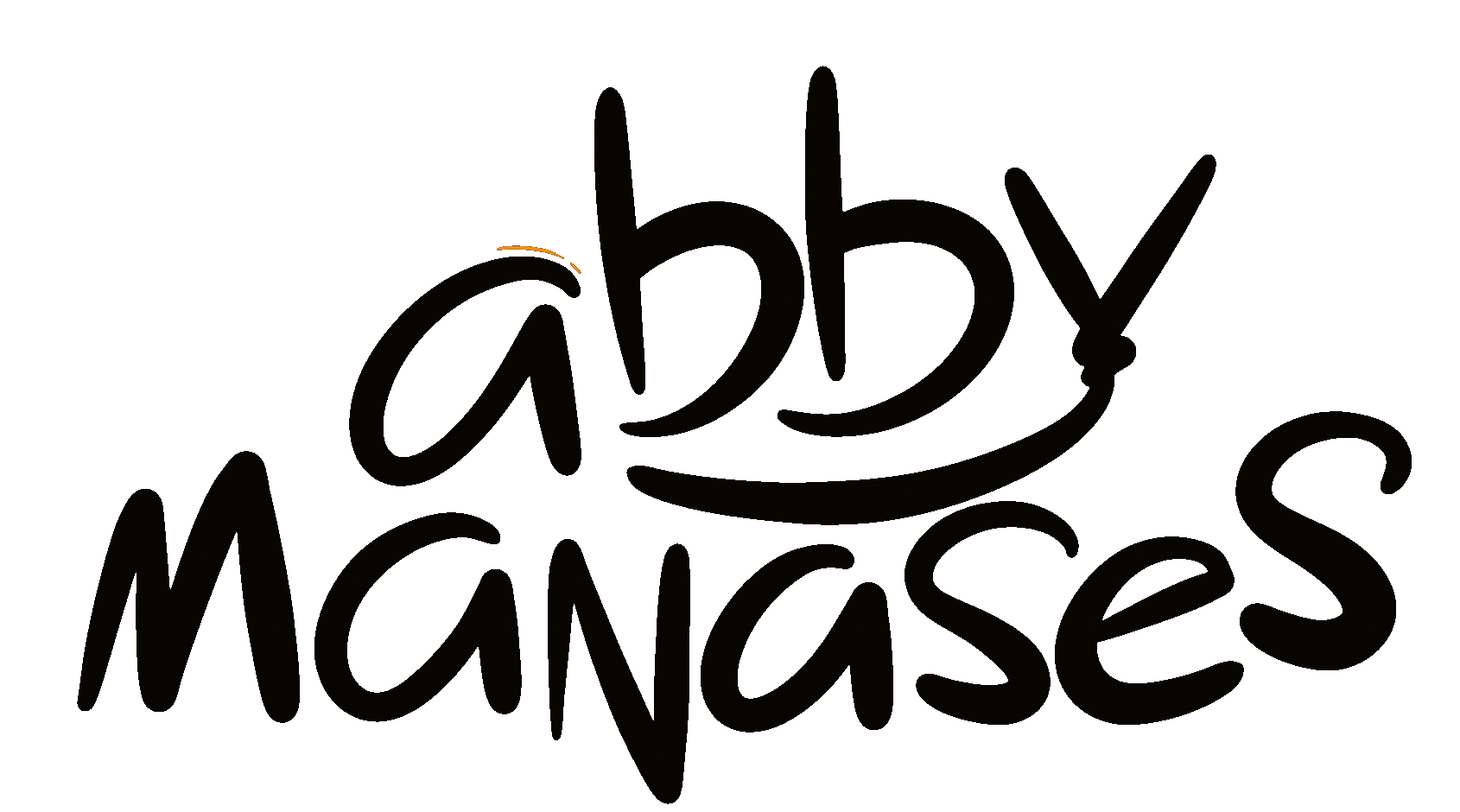 Stylized text logo with 'abby MANASES' in curved, handwritten font with an orange accent on the letter 'a'.