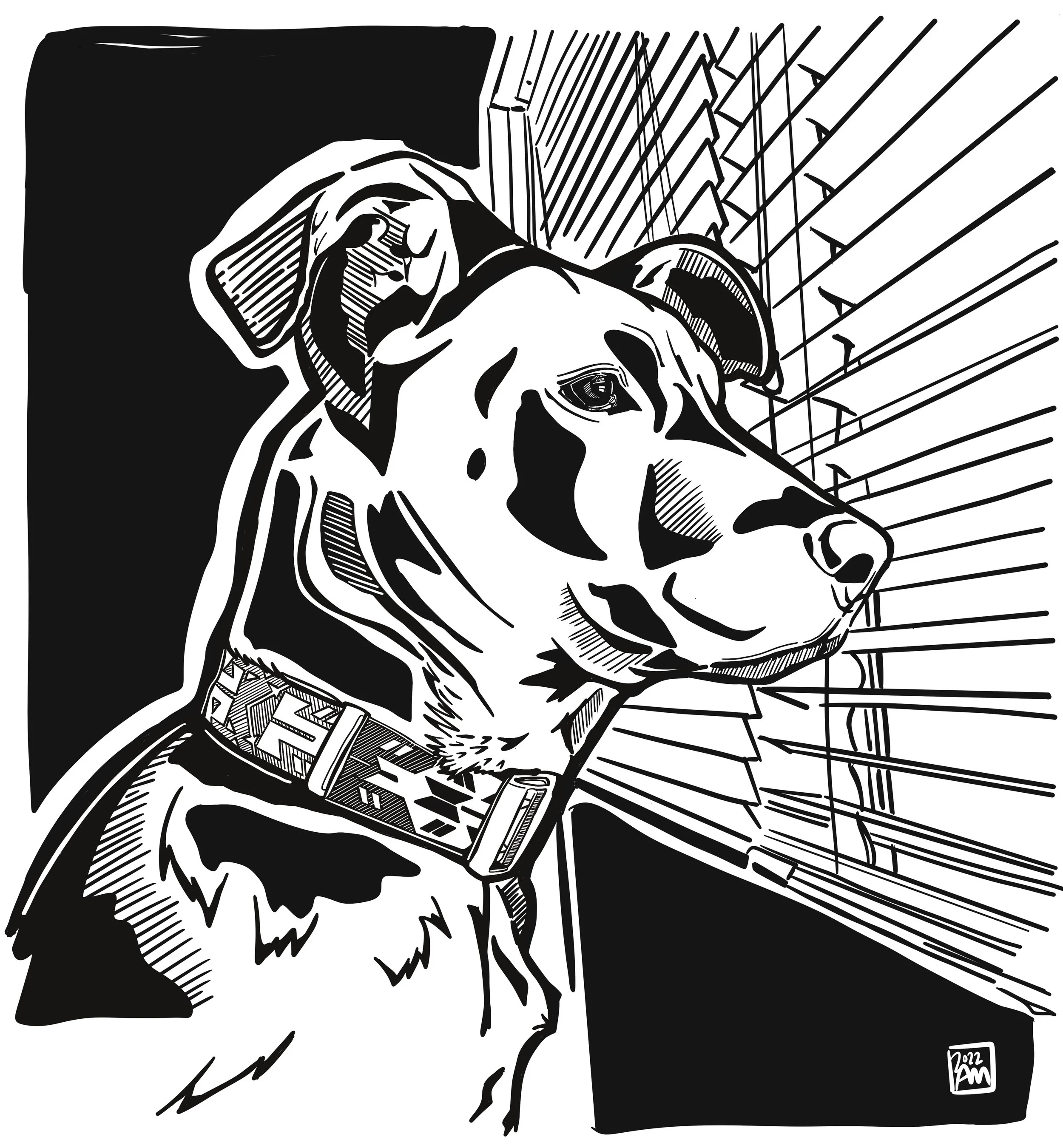 Black and white digital illustration of a dog, possibly a Doberman, with headphones, surrounded by dynamic lines and shapes, with a square logo in the bottom right corner.