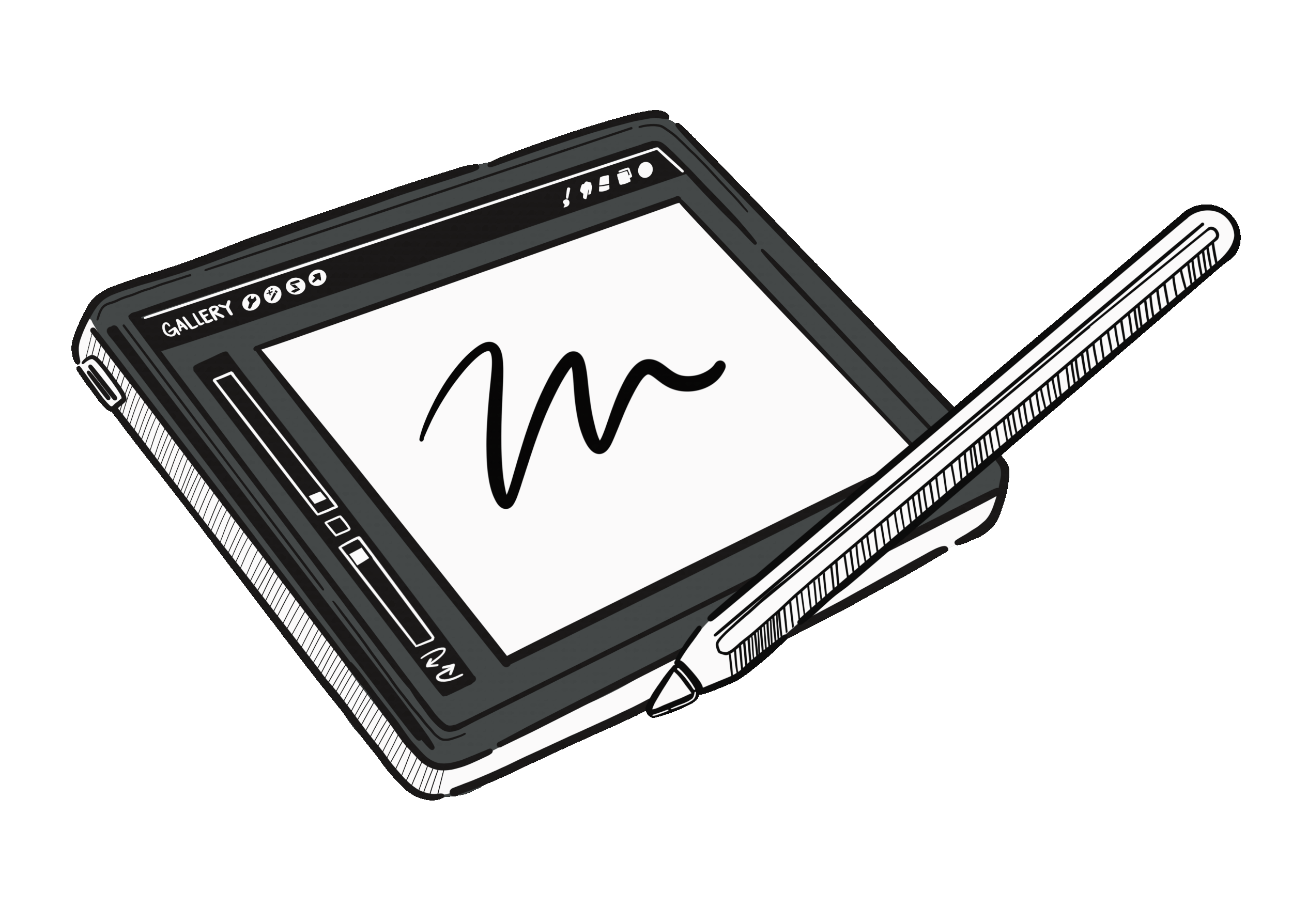 Illustration of a digital drawing tablet with a stylus, showing a basic line sketch on the screen.