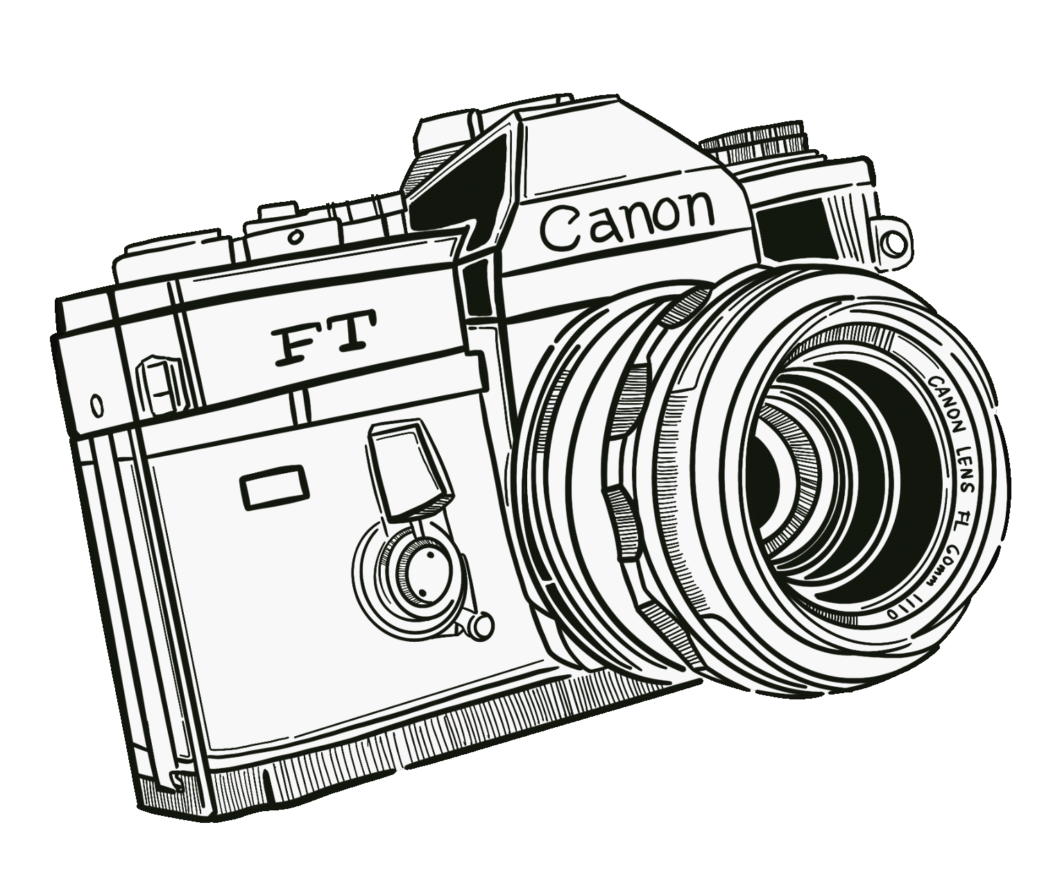 Illustration of a vintage Canon FT film camera with a detailed lens and body design.
