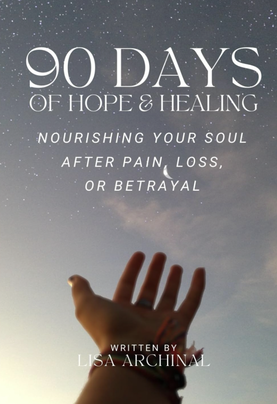 Book cover titled '90 Days of Hope & Healing' with a background of a starry night sky, a crescent moon, and a hand reaching upward in the foreground.