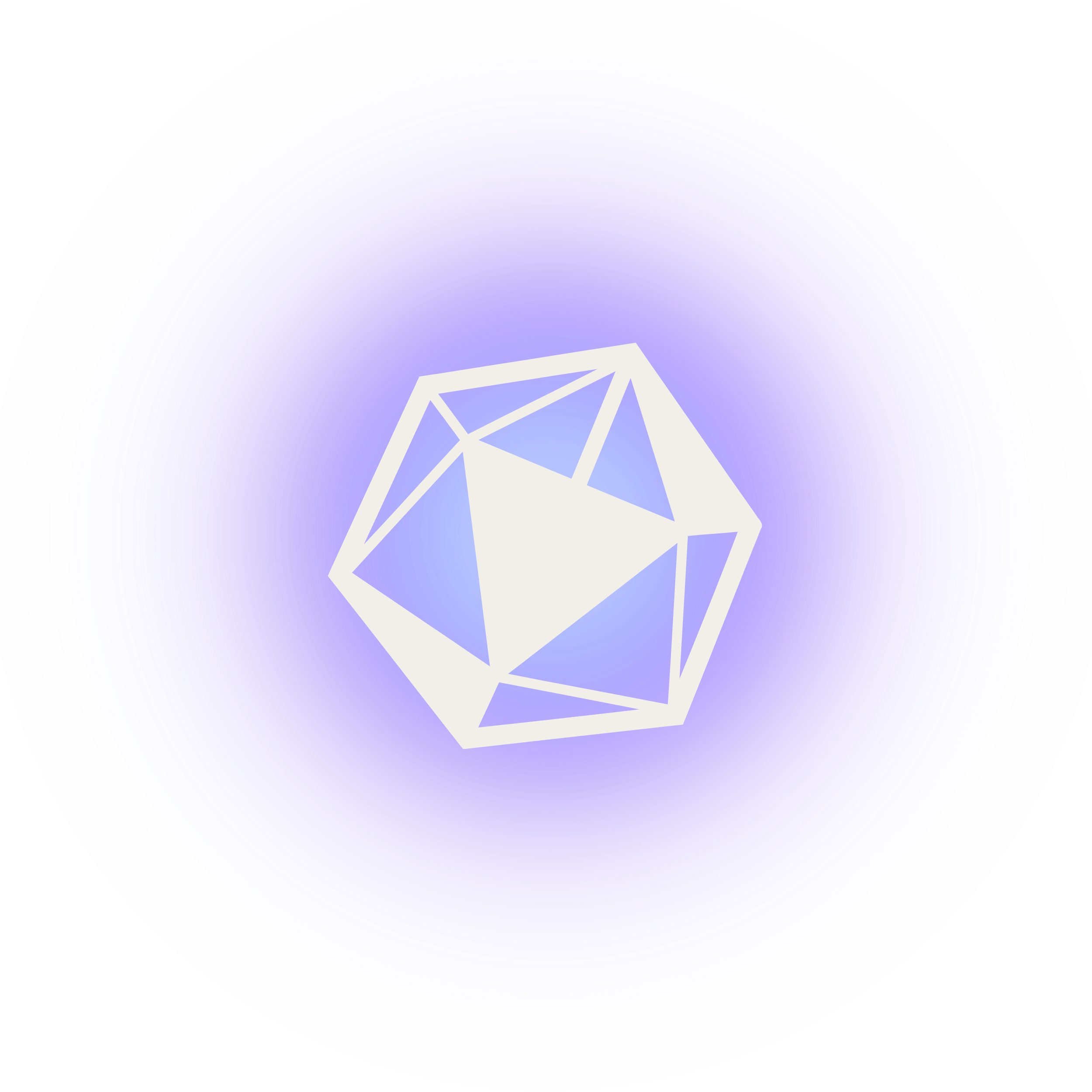 A digital art illustration of a white geometric shape resembling a polyhedron set against a purple and blue circular gradient background.
