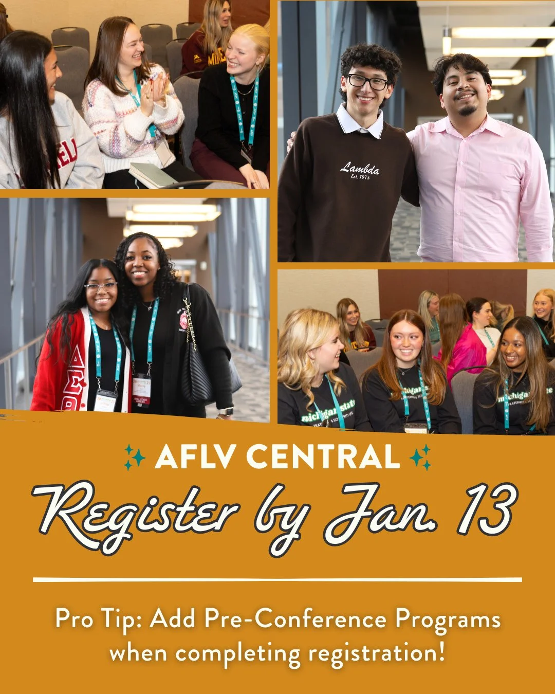 Arriving early to #AFLVCentral? Make it count. 👀 ✨⁠
⁠
Pre-conference programs are your chance to start the experience strong with council-specific learning and real tools you can take back to campus.⁠
⁠
 ⏰  Don&rsquo;t wait! These add-ons close when