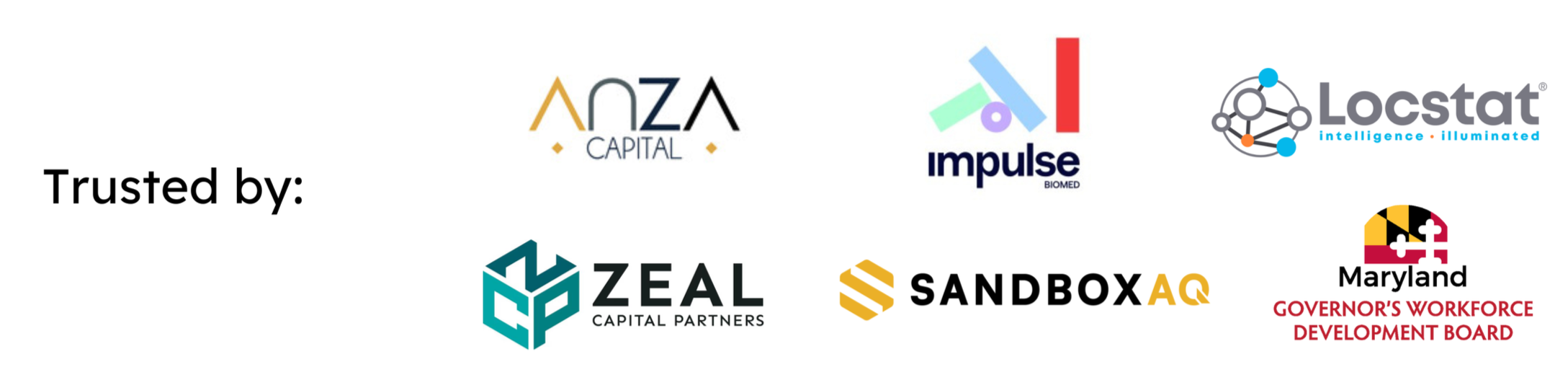 Logos of various organizations and trusts including Anza Capital, Impulse Biomed, Locstat, Zeal Capital Partners, Sandbox AQ, and Maryland Governor's Workforce Development Board, with the phrase 'Trusted by:' above them.