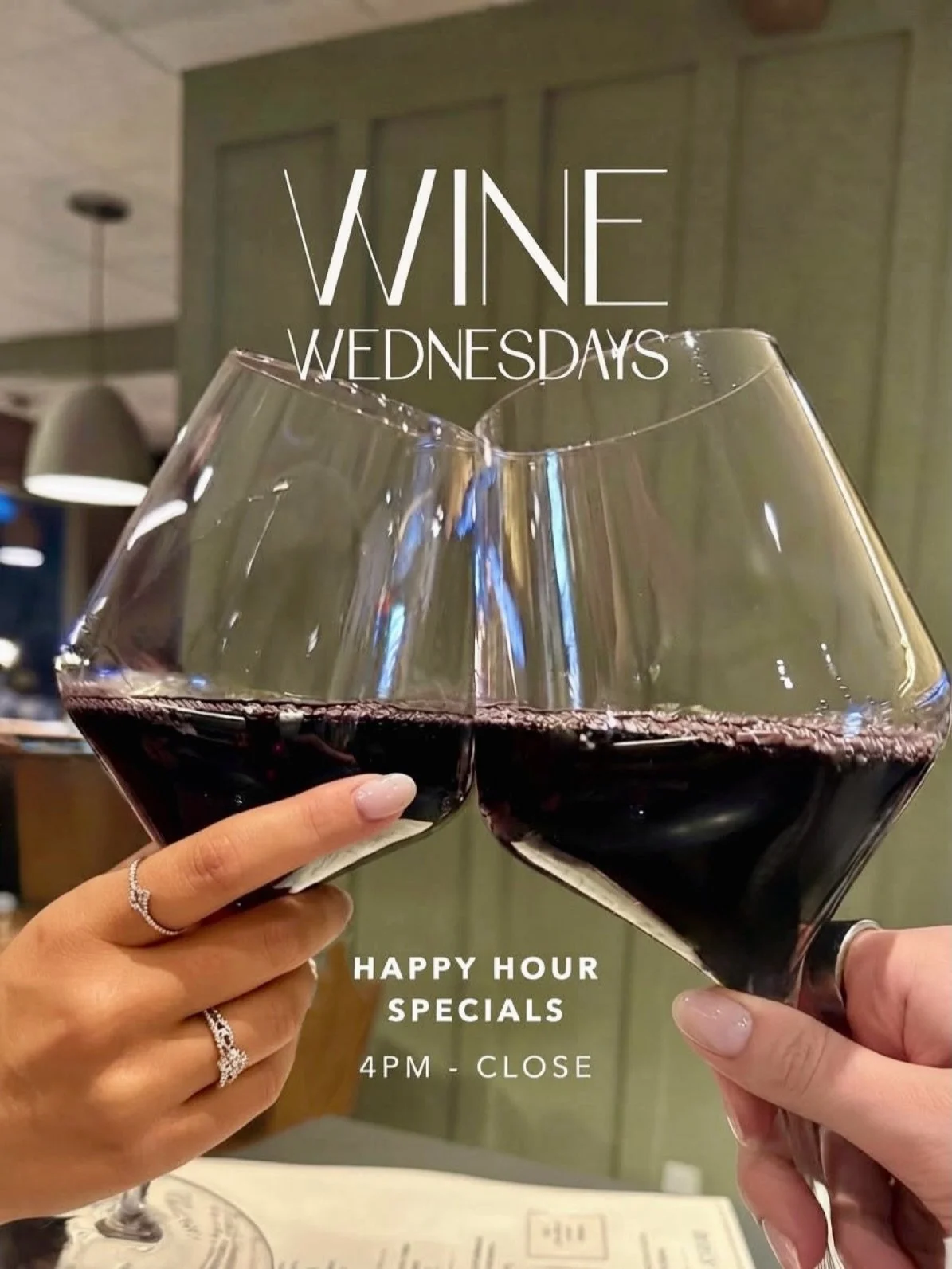🍷 Wednesdays are for unwinding... or should we say unwine-ding? ✨

🍇 Join us every Wednesday for Happy Hour specials all night long, starting at 4 PM! 

&bull; 🍾 10% off Featured Wine Bottles
&bull; 🧀 $2 off Appetizers &amp; Charcuterie Boards
&b