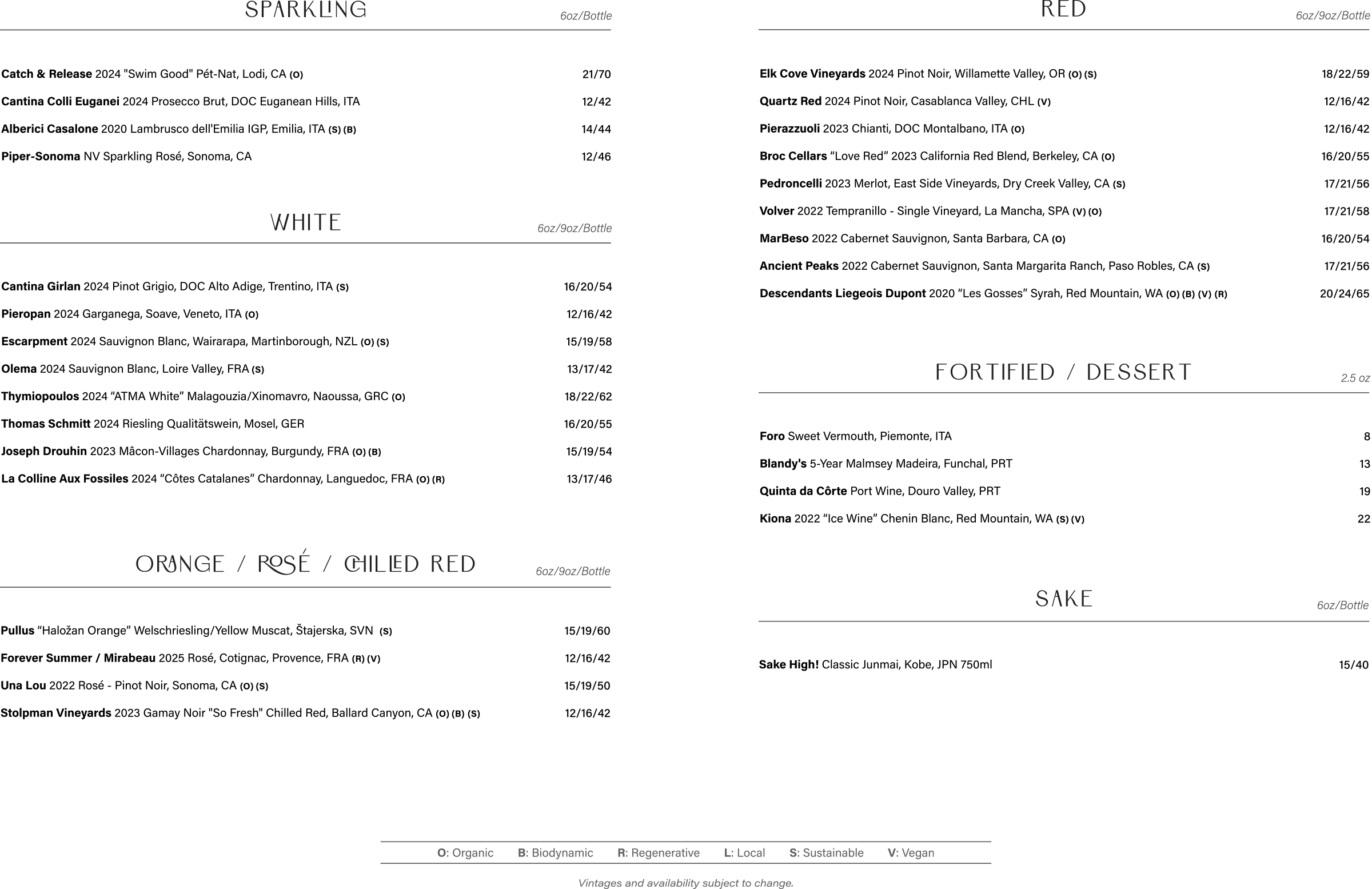 A wine list with categories for sparkling, white, orange/rosé/gilded red, fortified/dessert, and sake wines, including descriptions and characteristics for each category.