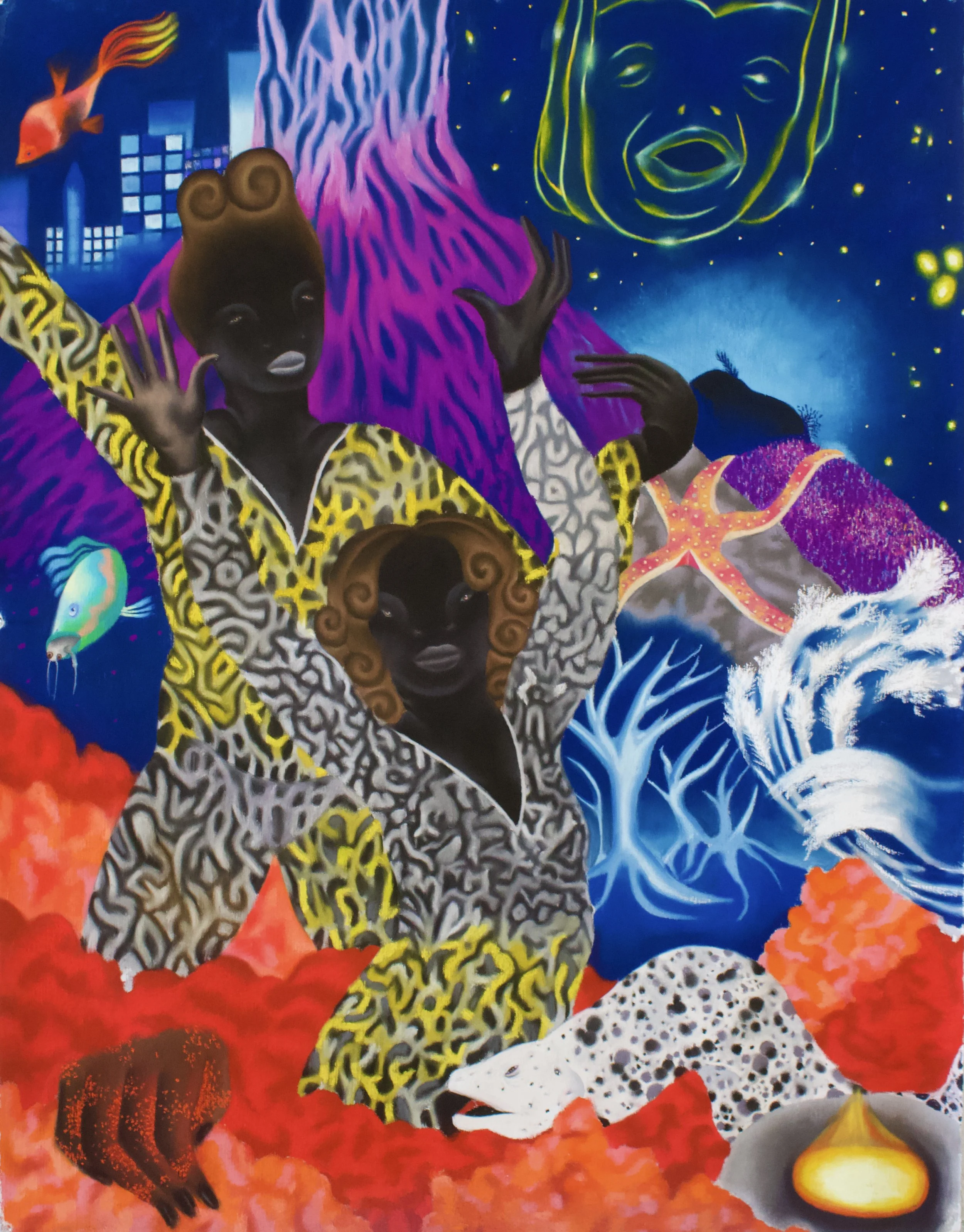 Surreal artwork with abstract figures, underwater elements, and vibrant colors