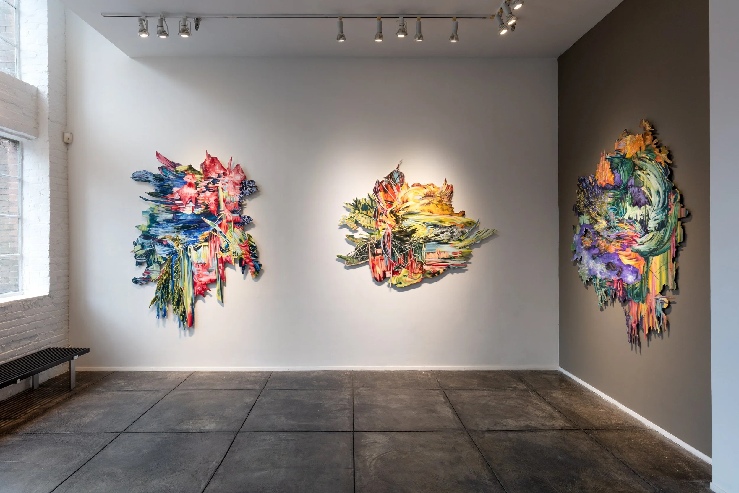 Installation image of multiple abstract oil paintings
