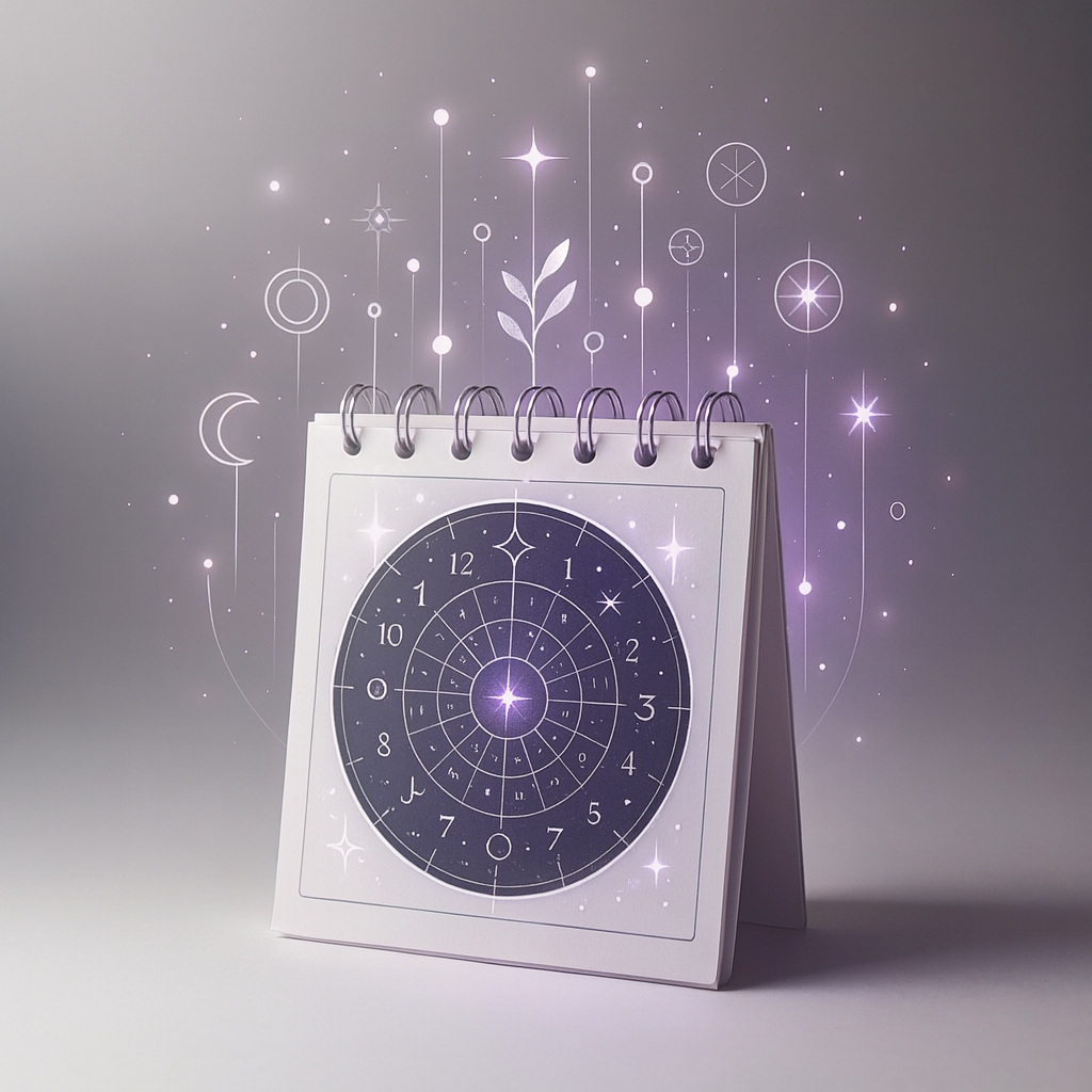 A spiral-bound desk calendar with a celestial and starry design on a gray background, featuring constellations, moons, and star illustrations.