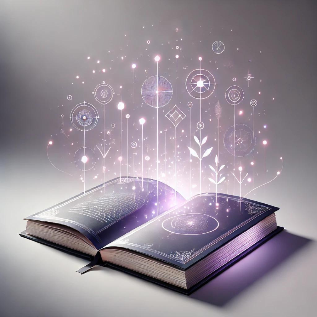 Open book with glowing, mystical, digital symbols and light effects emanating from its pages.