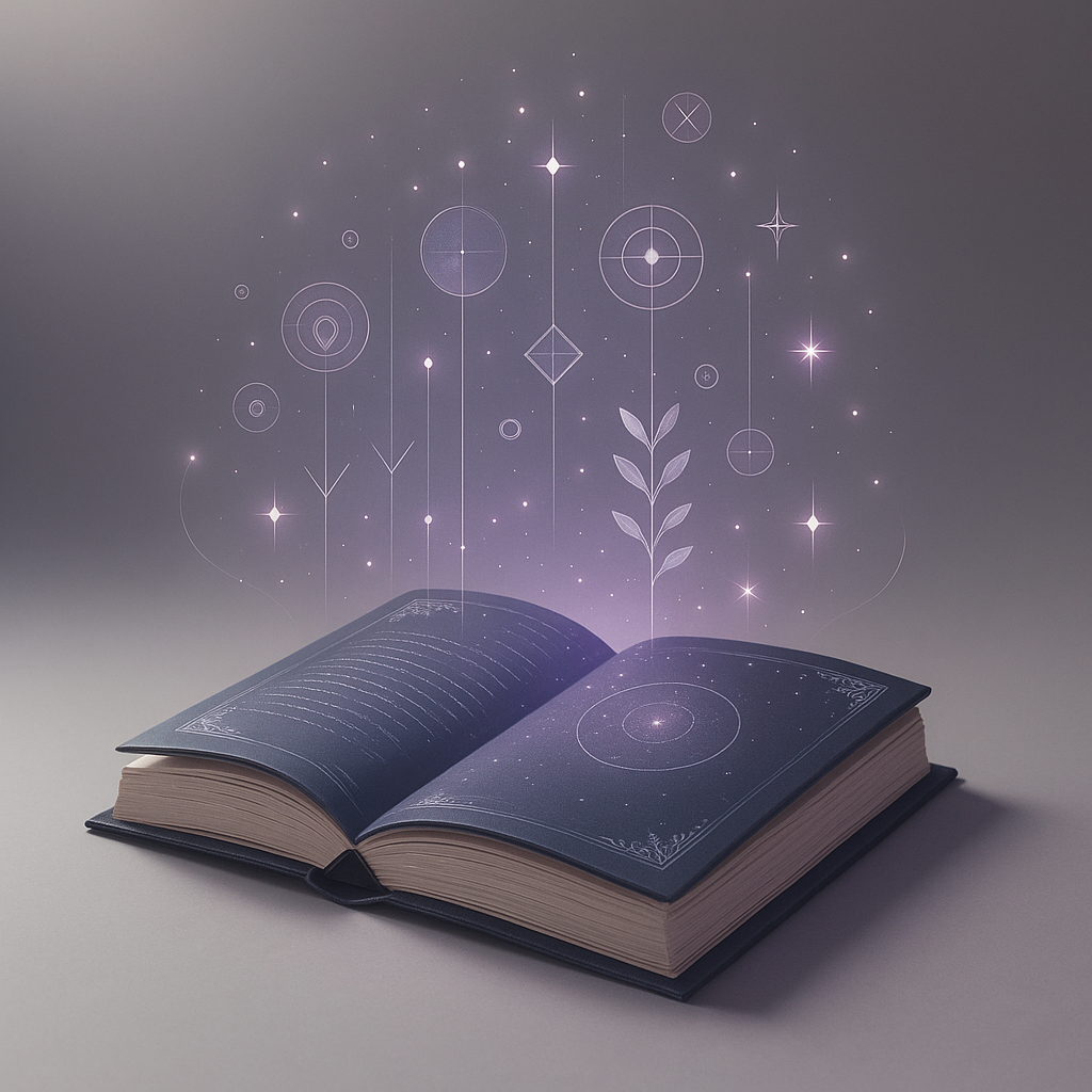 An open book with celestial and geometric illustrations on its pages, with glowing star and constellation motifs emanating from it against a soft gray background.