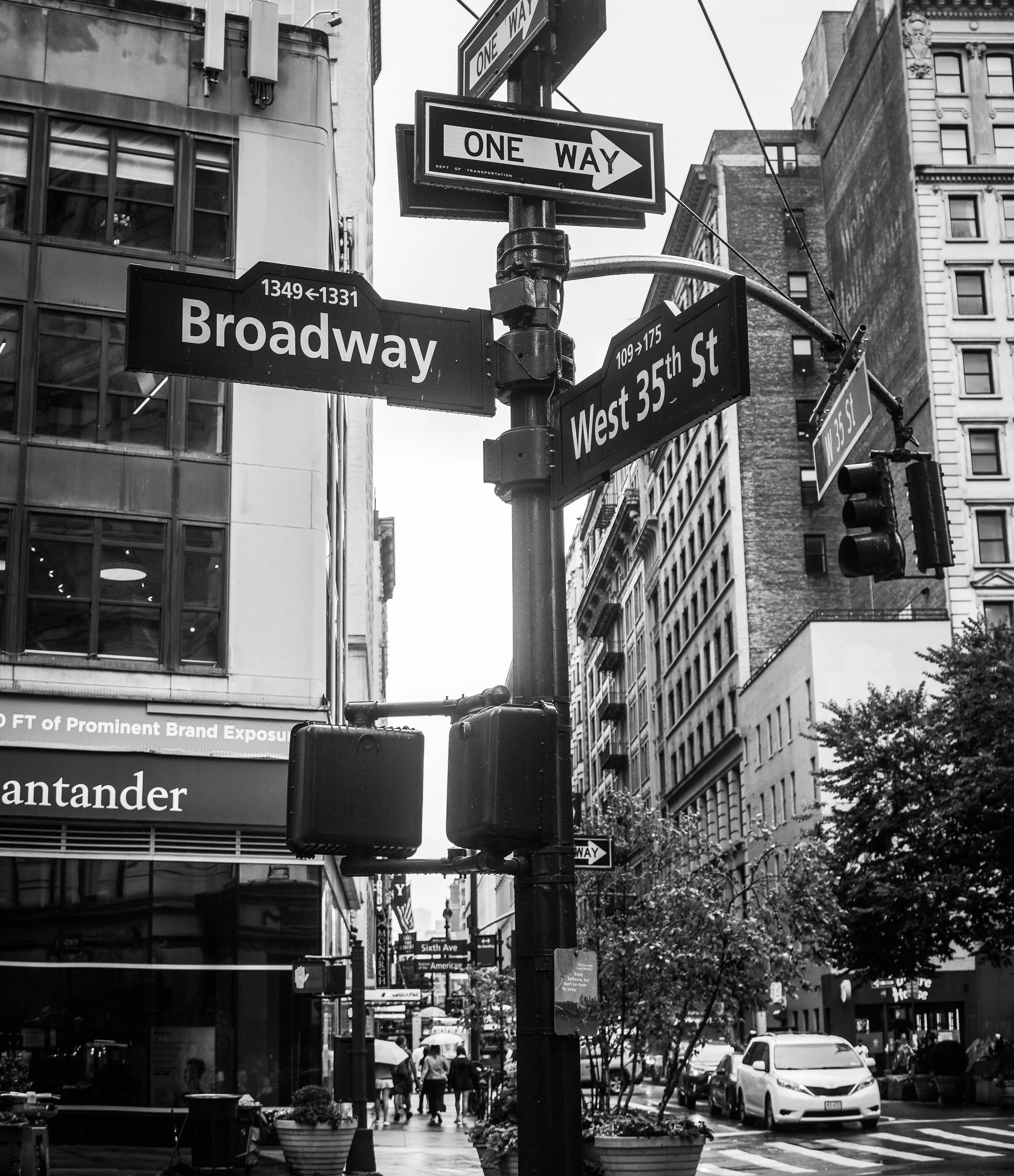 Street corner in New York City with street signs for Broadway and West 35th Street, traffic lights, pedestrians with umbrellas, and tall buildings.