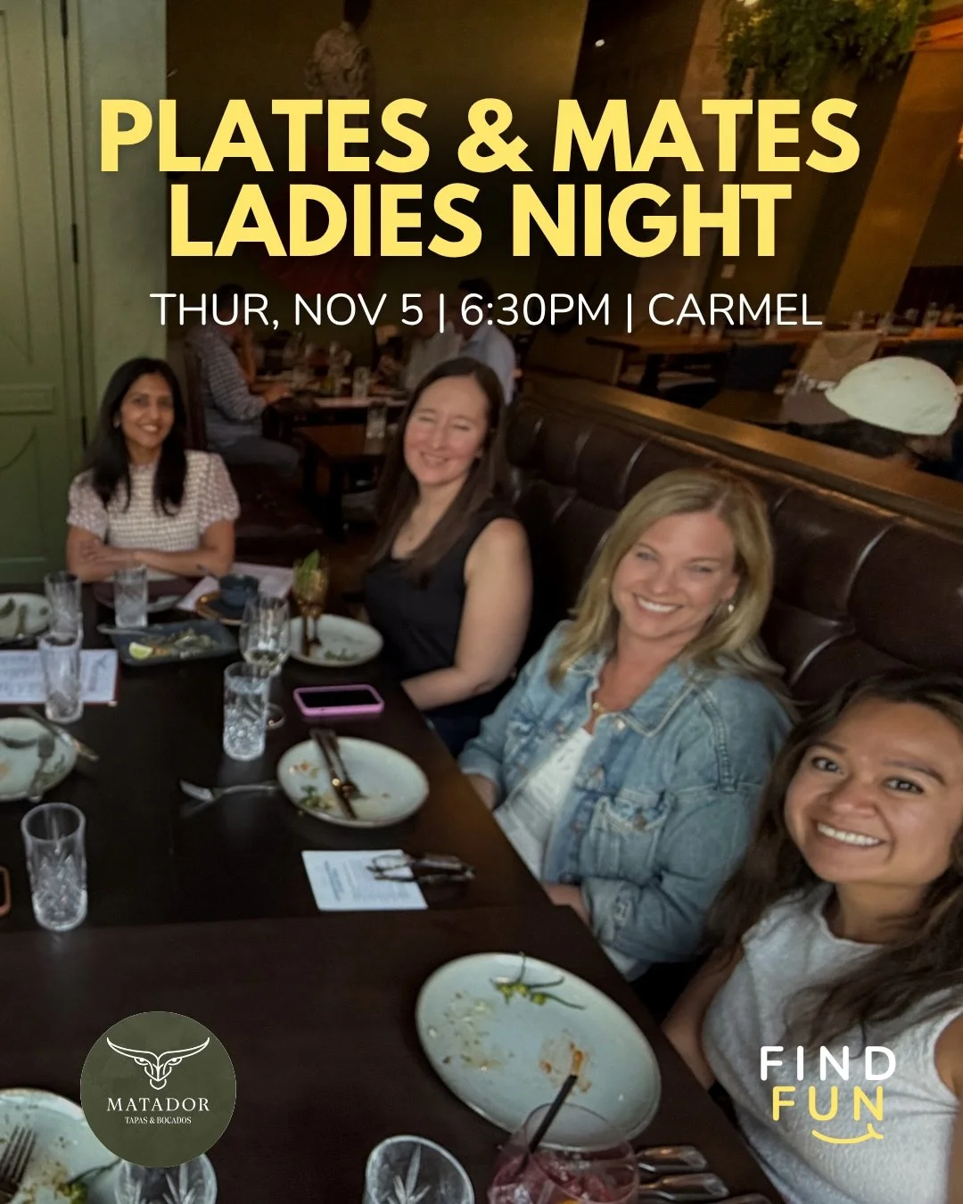 Looking to make new foodie friends?! Plates and Mates friend series &mdash; a curated small dinner to make new foodie friends in Carmel! 🍽️ 

Thursday, November 5 
Plates and Mates Ladies Night
@matadoronmain Spanish food 

Meet new people, try new 