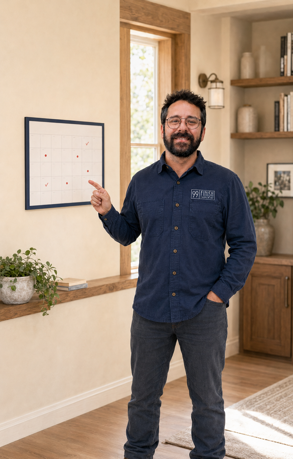 A smiling man with glasses and a beard pointing at a whiteboard with red dots and check marks, standing in a well-lit room with wooden accents and plants.