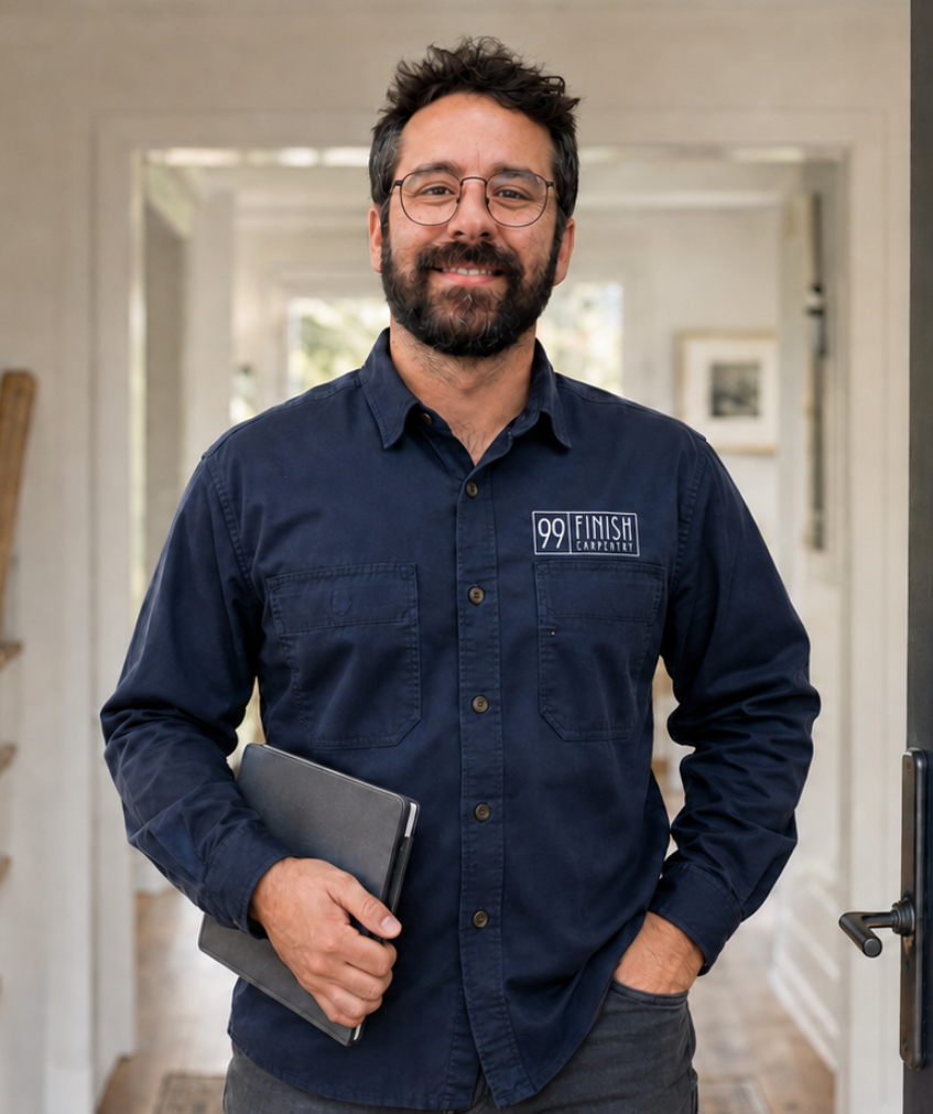 A smiling man with glasses and a beard holding a tablet inside a house.