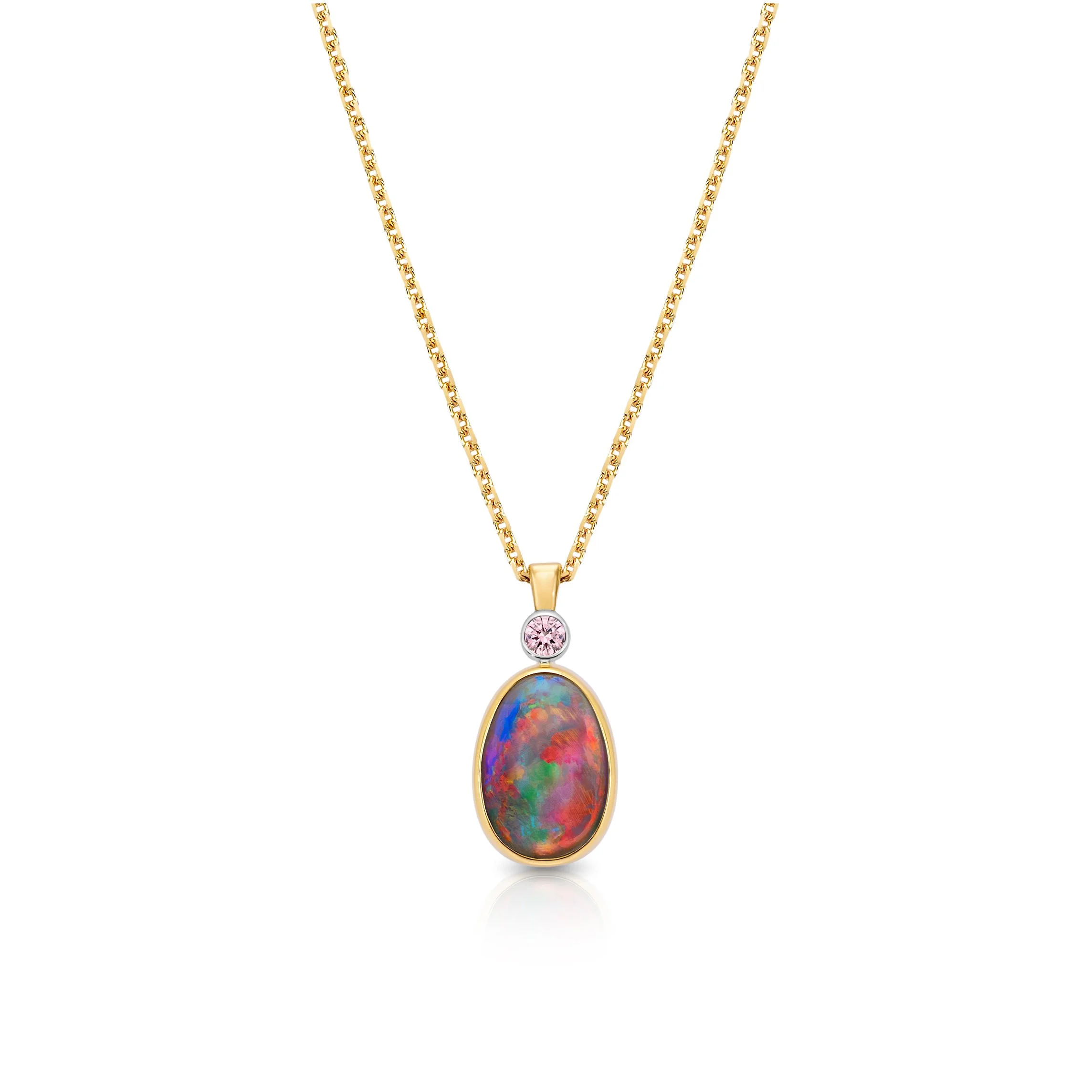 Pendant & Chain | 1.53ct Australian Dark Crystal Opal & Pink Diamond | Yellow Gold