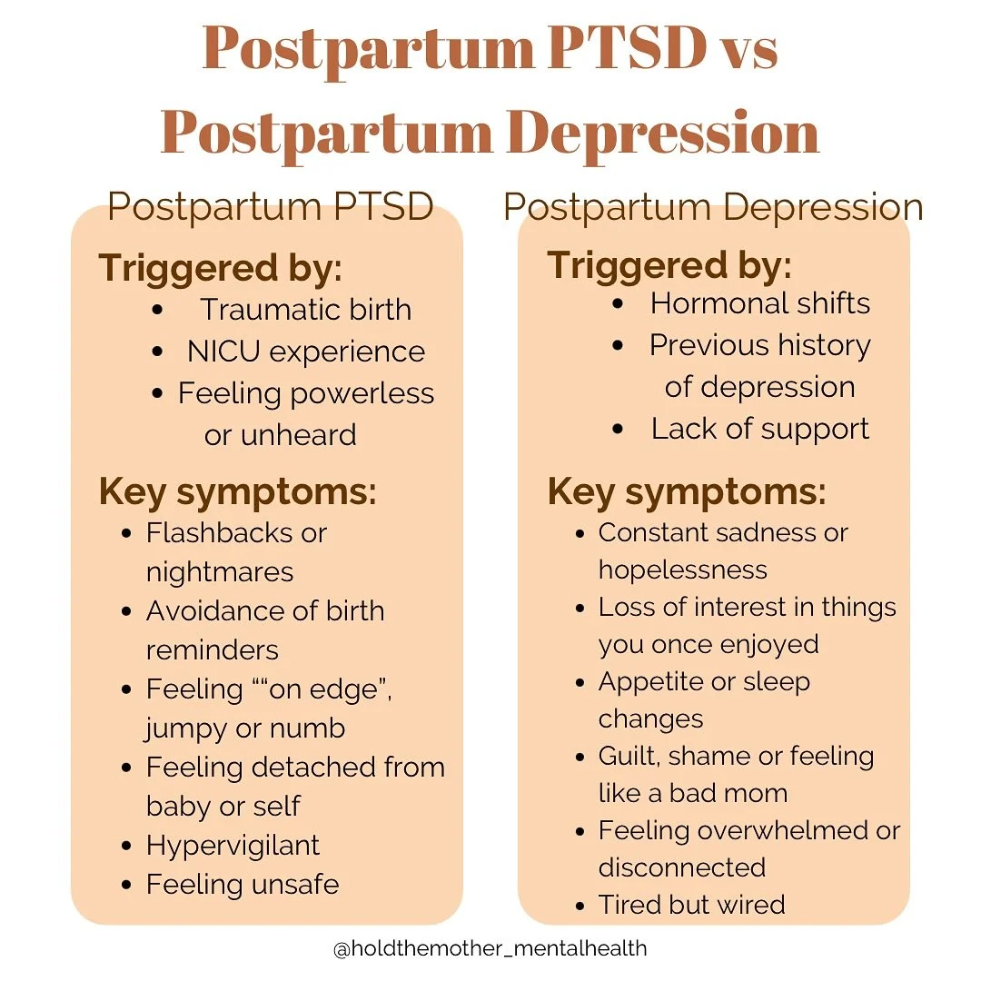 Is it postpartum PTSD or postpartum depression?
Sometimes the symptoms overlap &mdash; and sometimes they feel worlds apart. The truth? Both are valid. Both deserve care.

This is not a definitive list which is why it&rsquo;s best to seek professiona