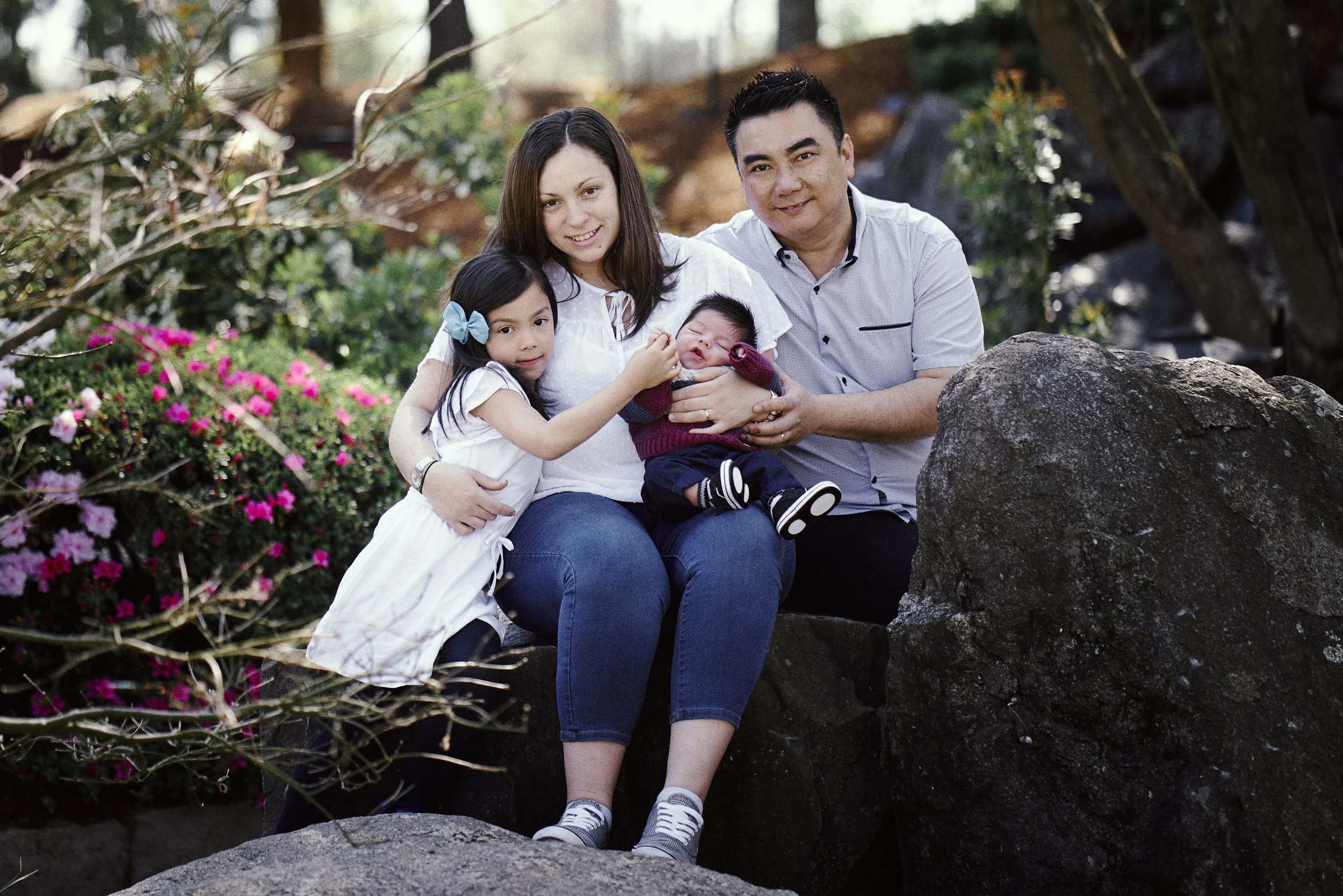 Family of four sitting on rocks in a park, with greenery and flowers in the background. The young girl is hugging the mother, and the father is holding a baby.