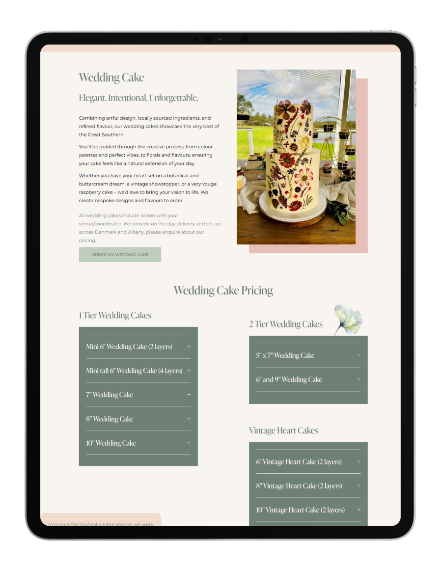 An ipad displaying the wedding cake section of Summers sweet treats one-page website