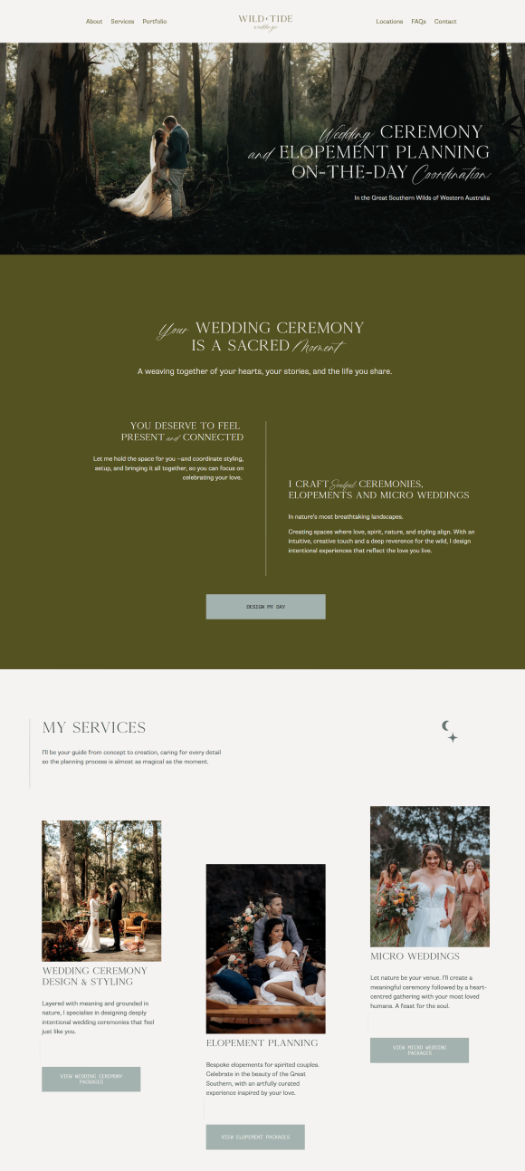 Thre home page from Wild Tide Weddings beautiful website designed by Letitia Bracken