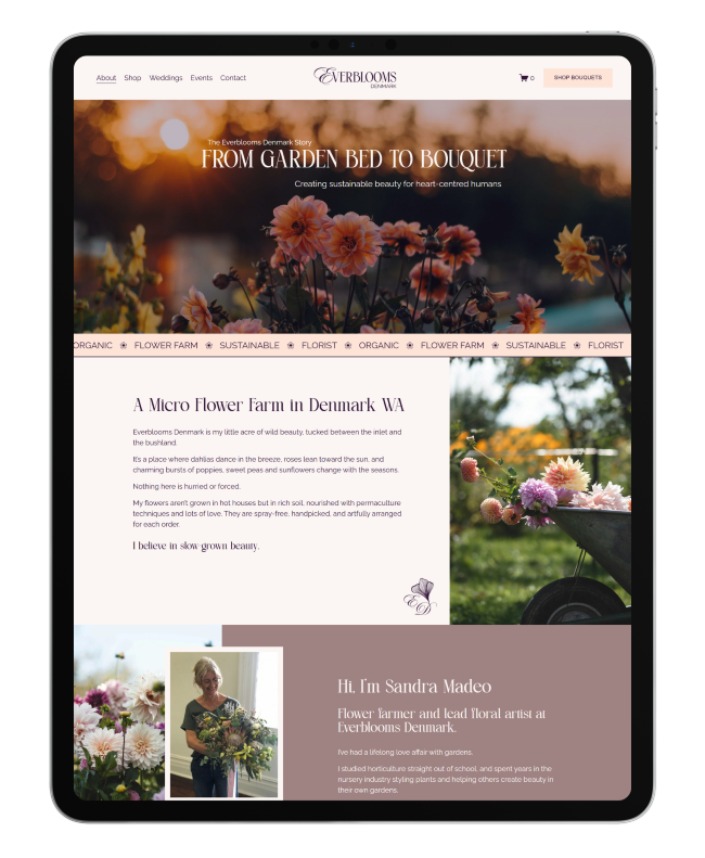 An ipad displaying a wedding florist's website