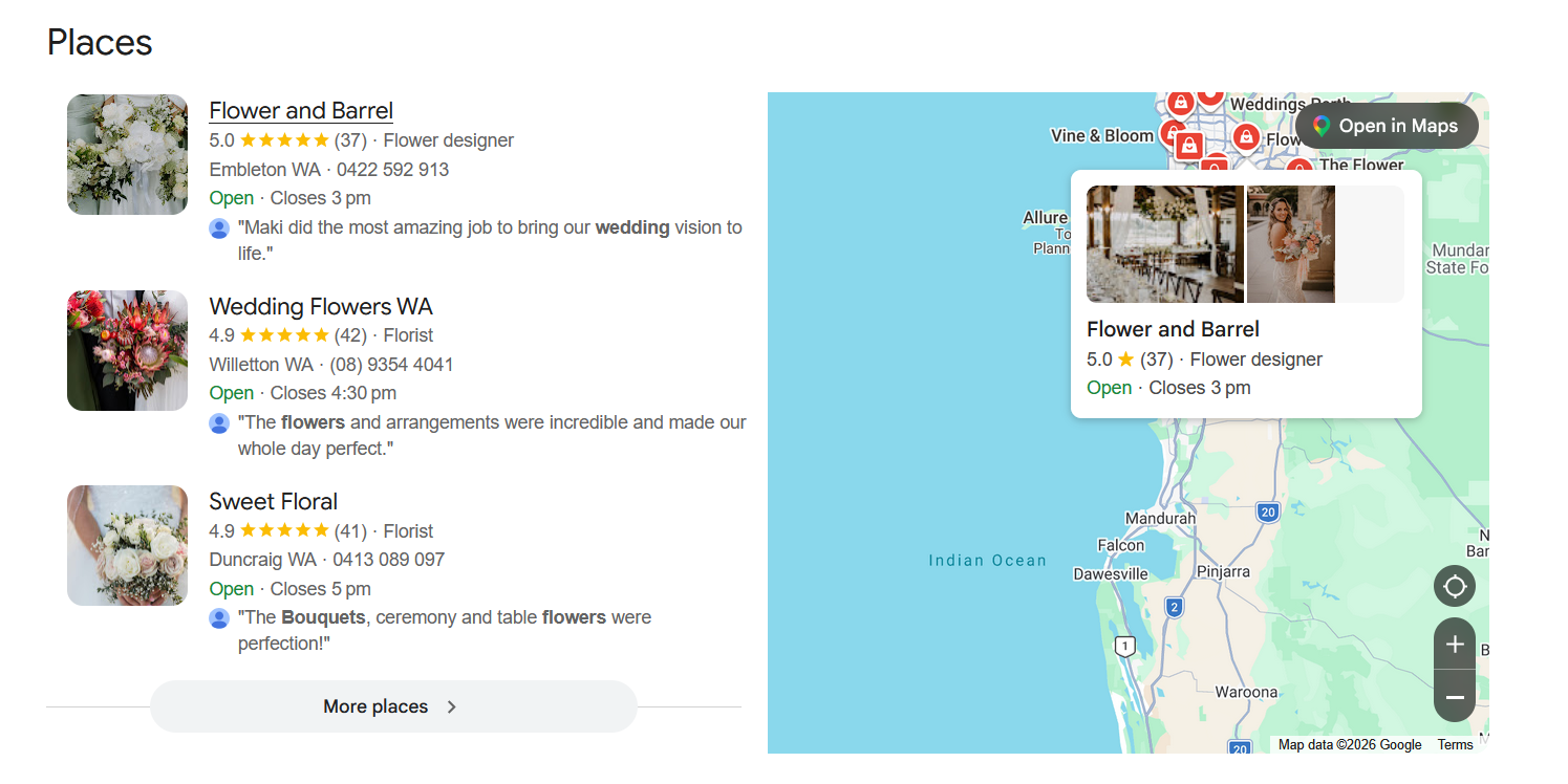 A screenshot of what Google Business Profile actually looks like during a Google search
