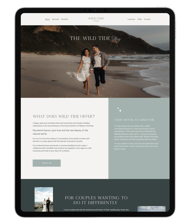 An ipad displaying Wild Tide Weddings Stylist Website